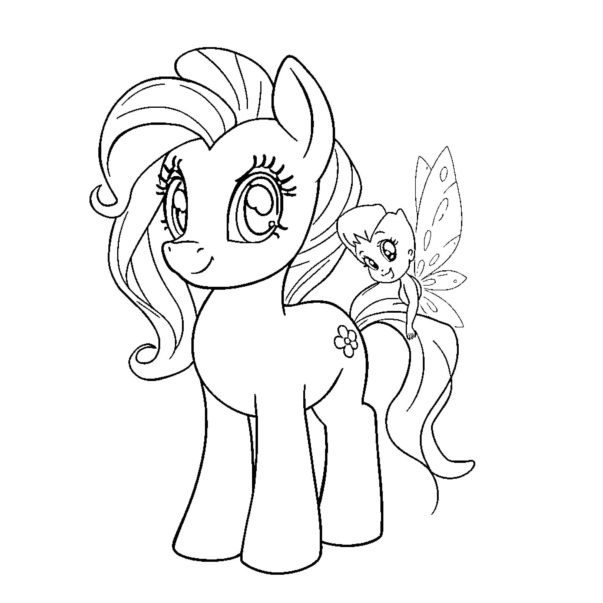 Pony with flowers and butterflies Coloring Page (free black-and-white line drawing printable PDF for all, from beginners to advanced learners, including children, teens, adults, and seniors)