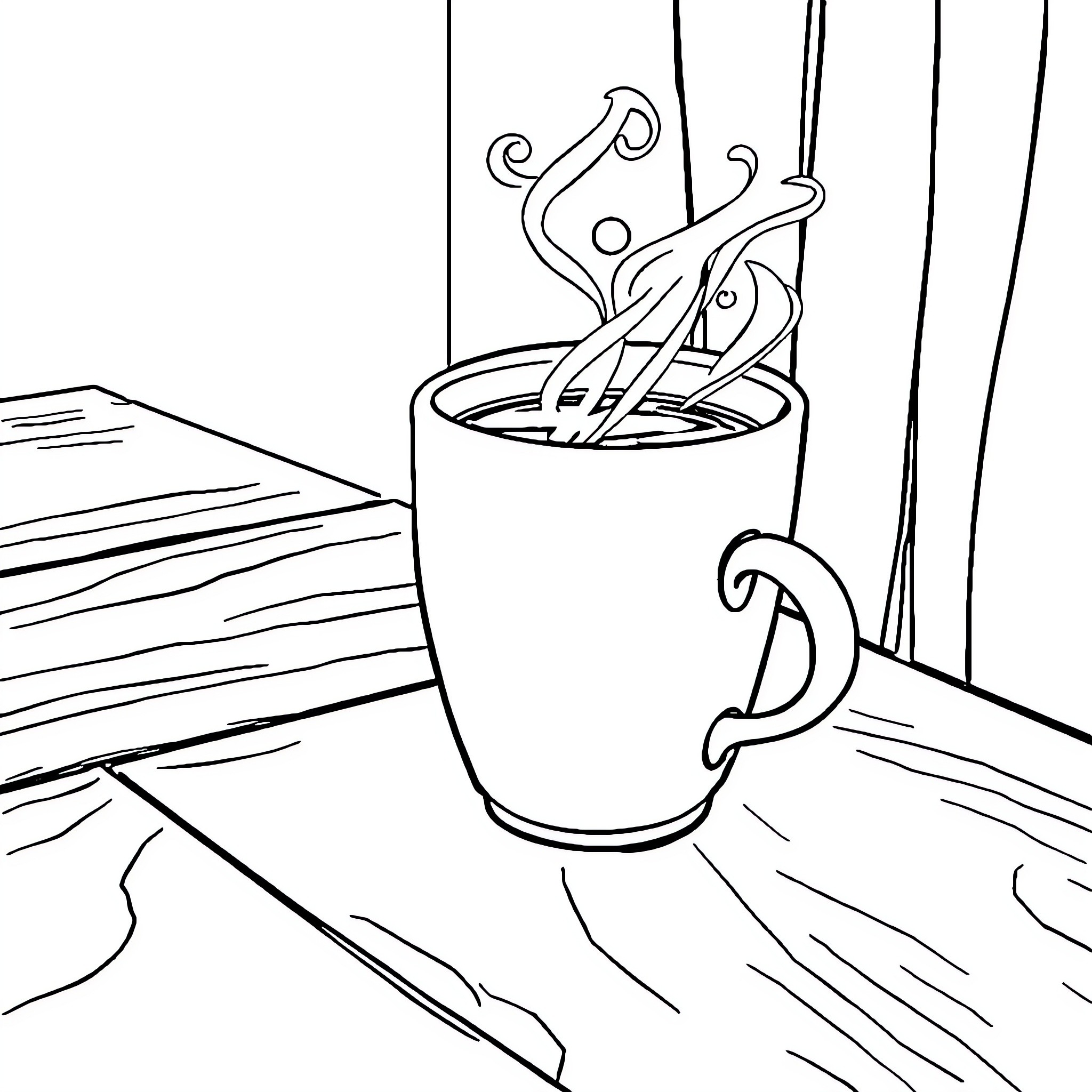 Coffee Steaming Warmly on the Table Coloring Page (free black-and-white line drawing printable PDF for all, from beginners to advanced learners, including children, teens, adults, and seniors)