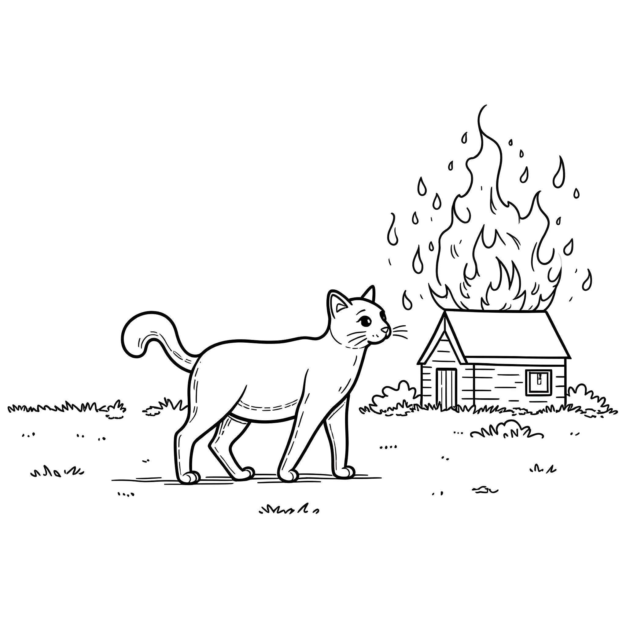 Cat observing burning house in the distance Coloring Page (free black-and-white line drawing printable PDF for all, from beginners to advanced learners, including children, teens, adults, and seniors)