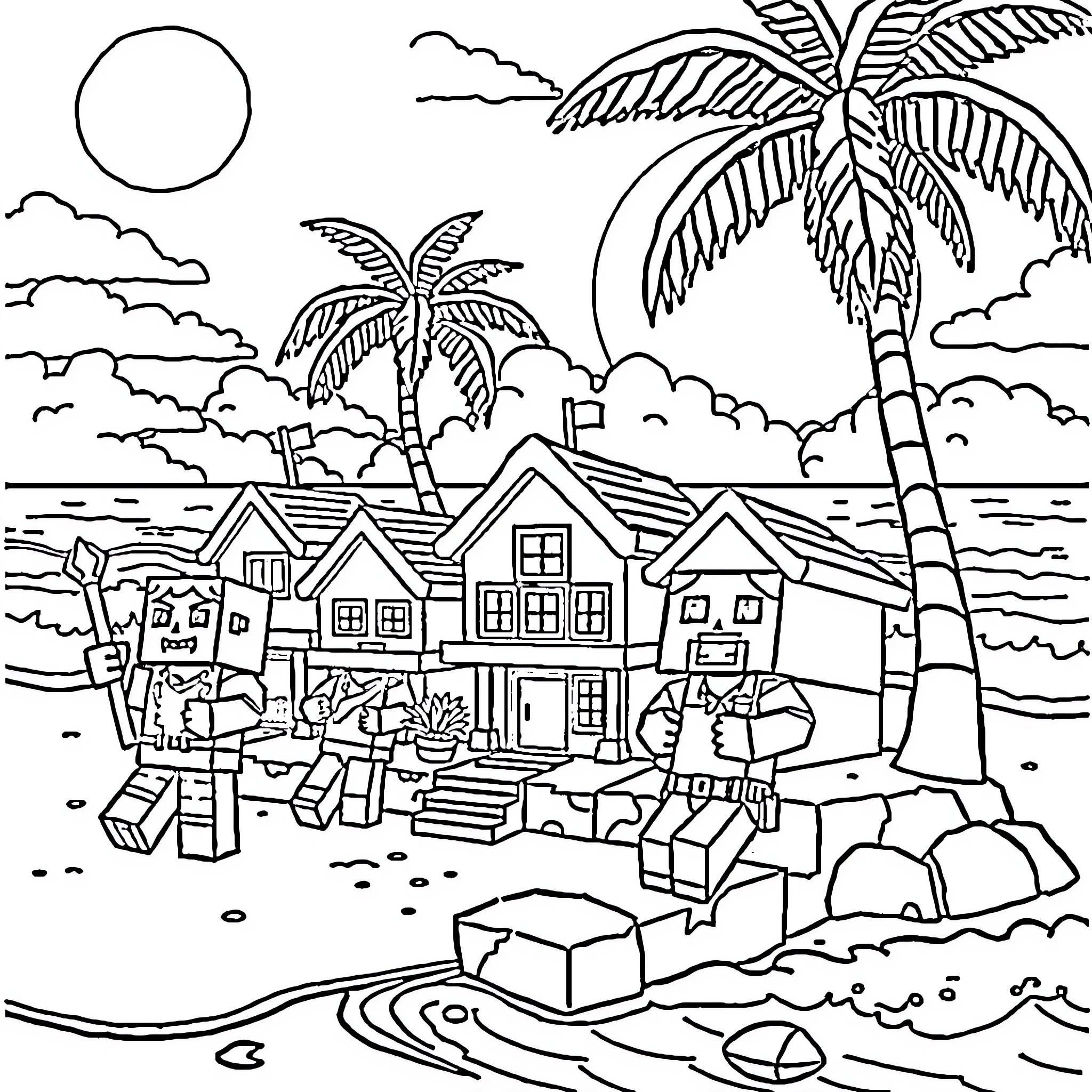 Minecraft coastal town with palm trees and boats Coloring Page (free black-and-white line drawing printable PDF for all, from beginners to advanced learners, including children, teens, adults, and seniors)