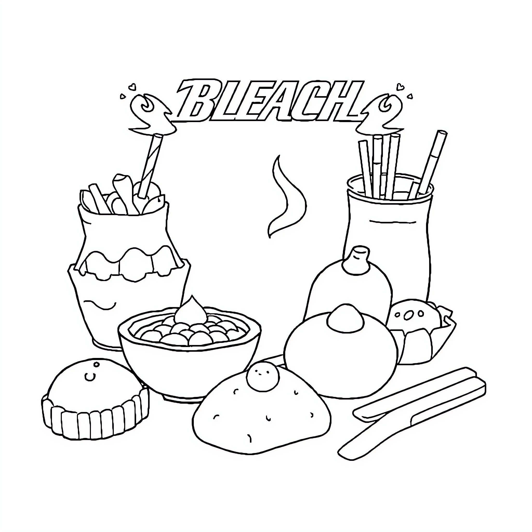 Bleach items and accessories displayed Coloring Page (free black-and-white line drawing printable PDF for all, from beginners to advanced learners, including children, teens, adults, and seniors)