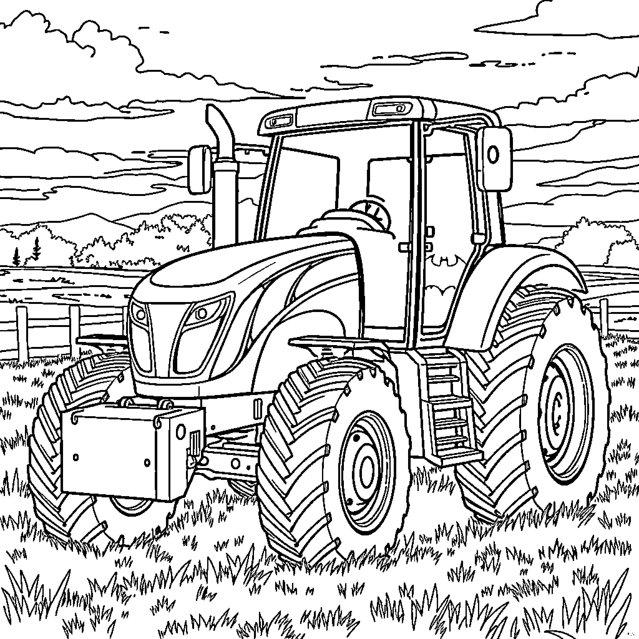 Tractor operating in rural landscape Coloring Page (free black-and-white line drawing printable PDF for all, from beginners to advanced learners, including children, teens, adults, and seniors)