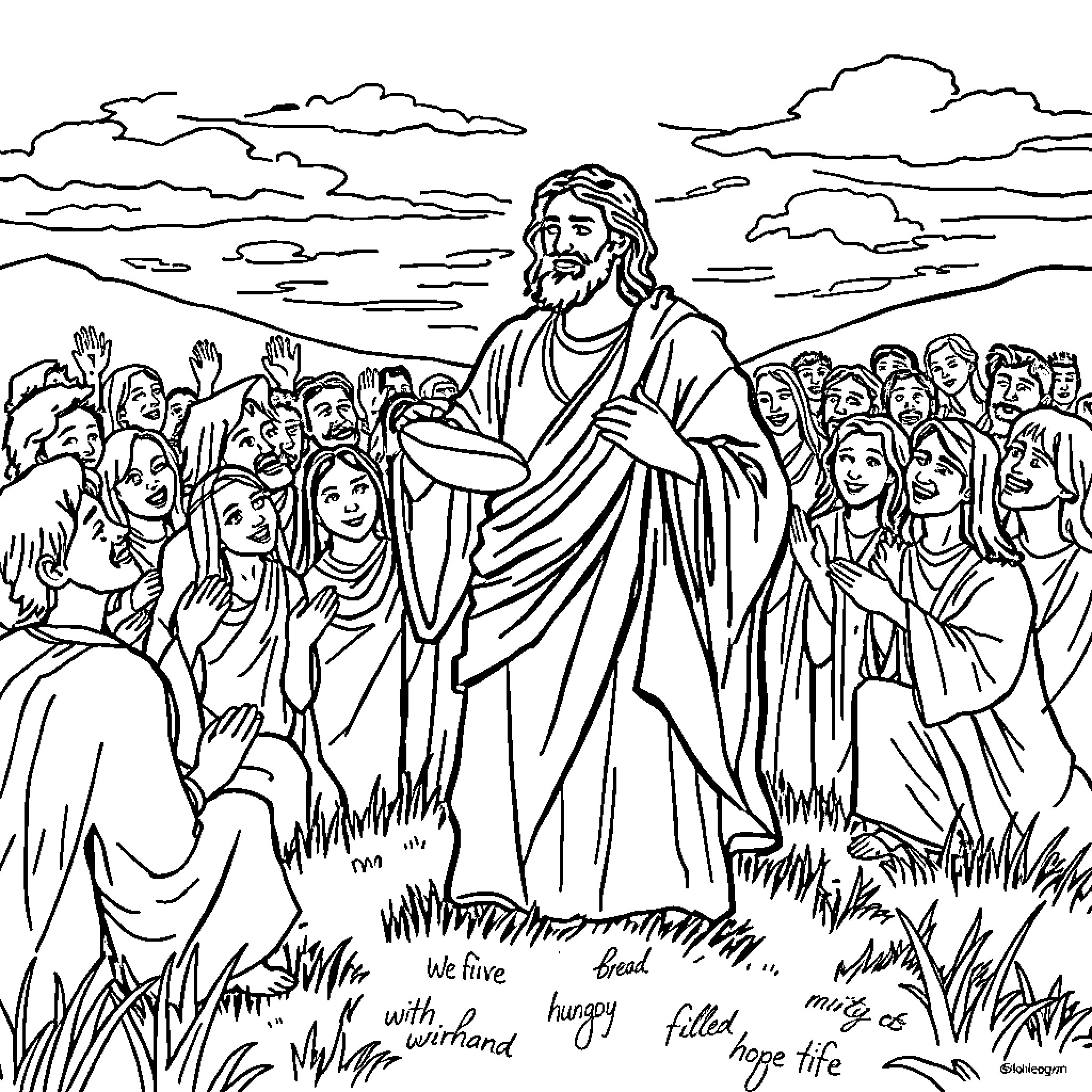 Jesus teaching and blessing the crowd Coloring Page (free black-and-white line drawing printable PDF for all, from beginners to advanced learners, including children, teens, adults, and seniors)