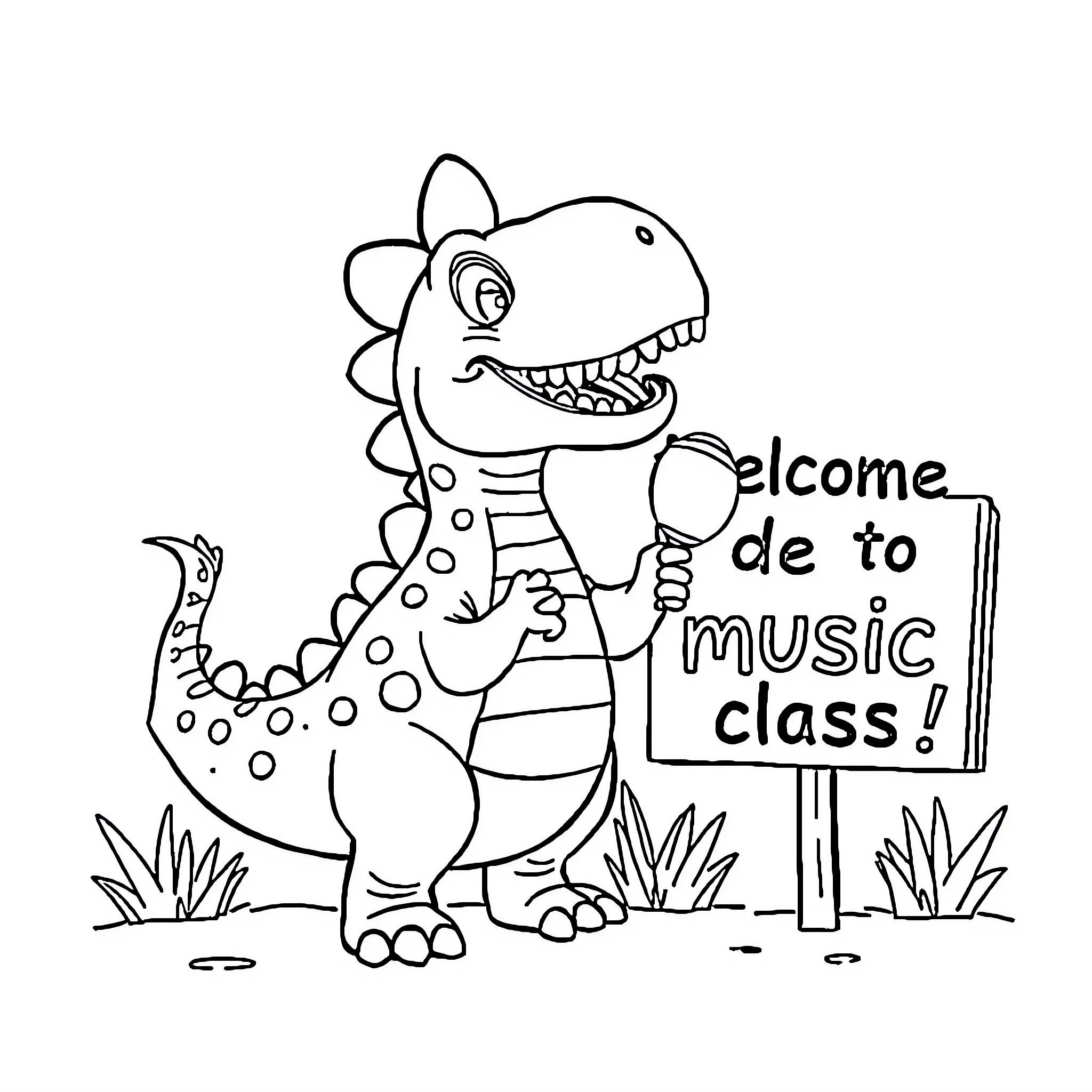 Dinosaur welcomes students to music class Coloring Page (free black-and-white line drawing printable PDF for all, from beginners to advanced learners, including children, teens, adults, and seniors)