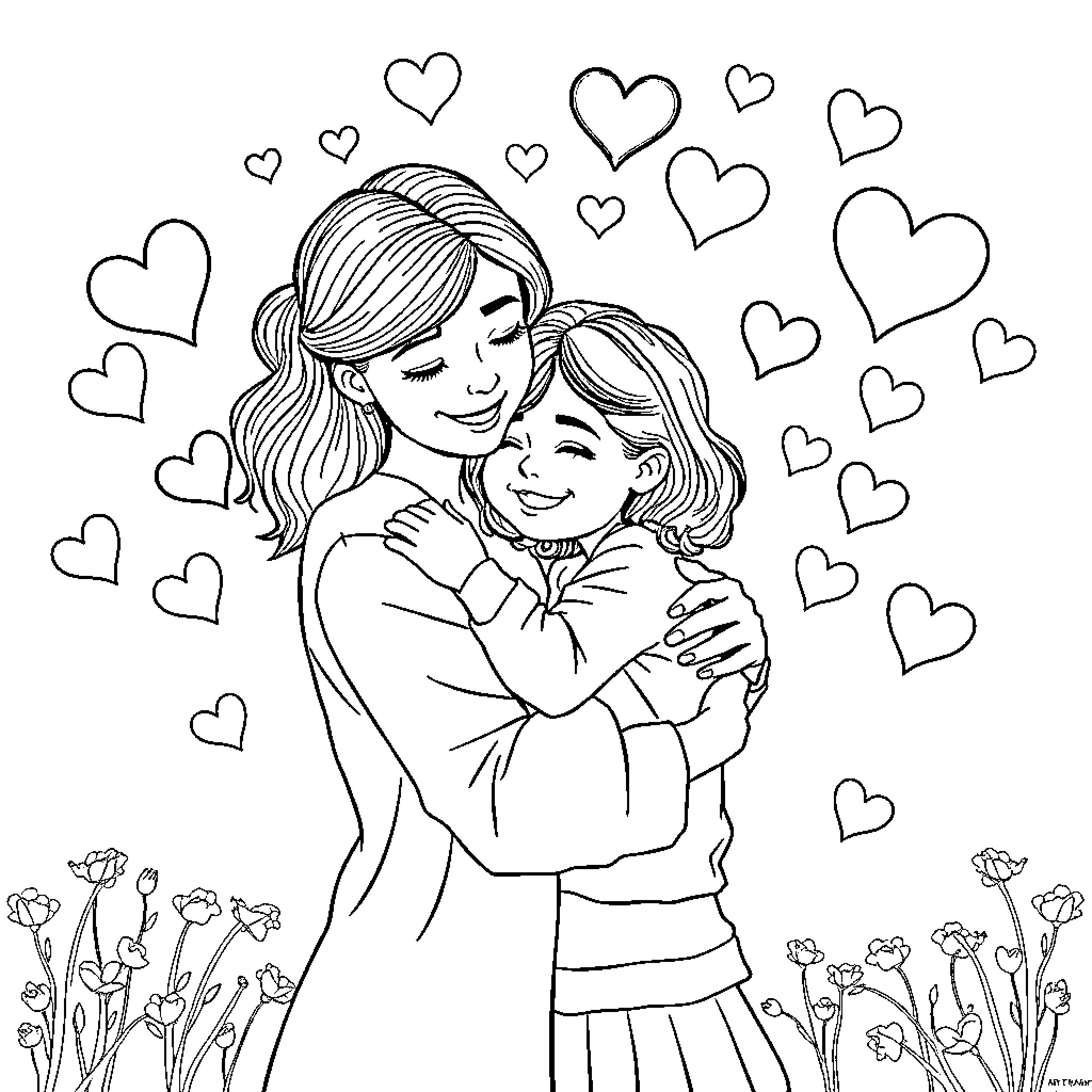 Woman Embracing Girl in a Loving Moment Coloring Page (free black-and-white line drawing printable PDF for all, from beginners to advanced learners, including children, teens, adults, and seniors)
