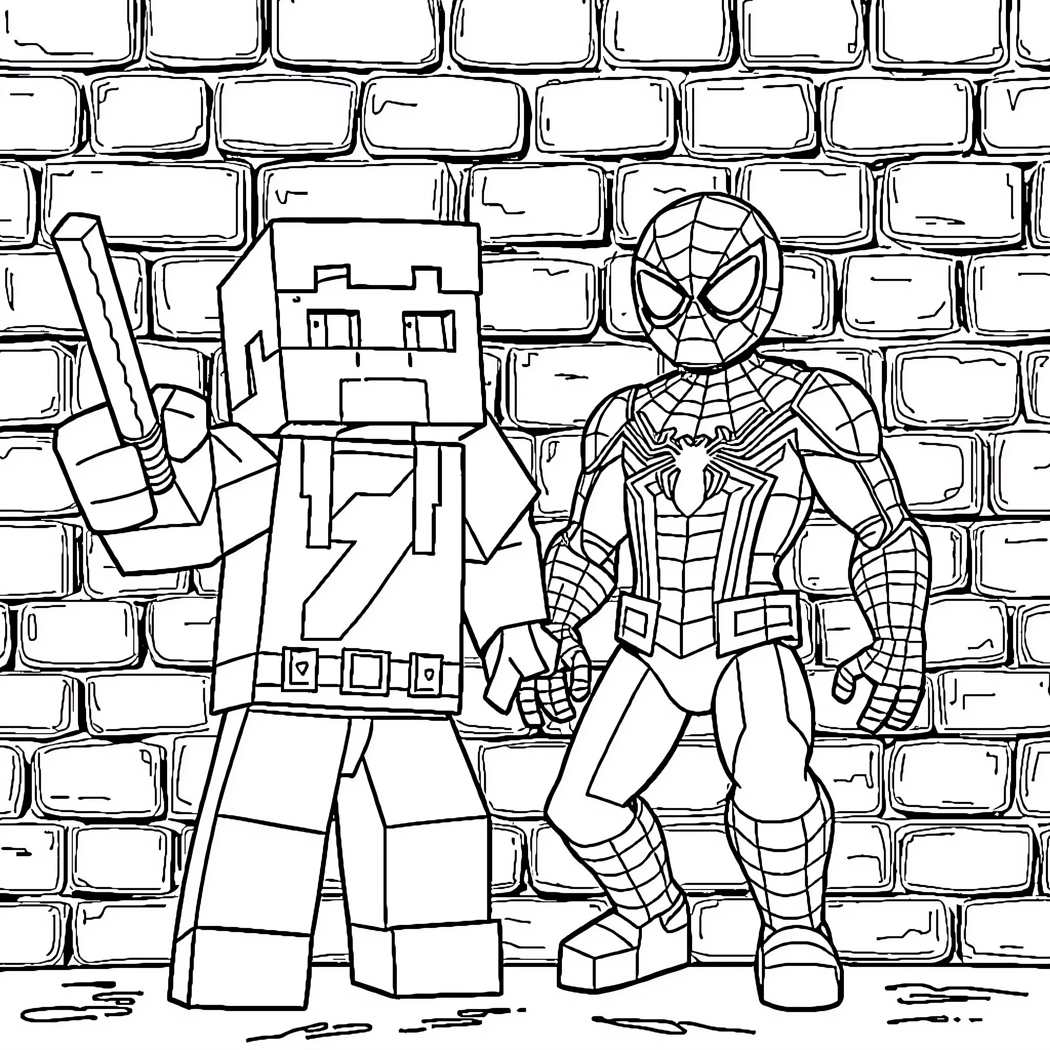 Minecraft and Spiderman characters in a brick wall setting Coloring Page (free black-and-white line drawing printable PDF for all, from beginners to advanced learners, including children, teens, adults, and seniors)