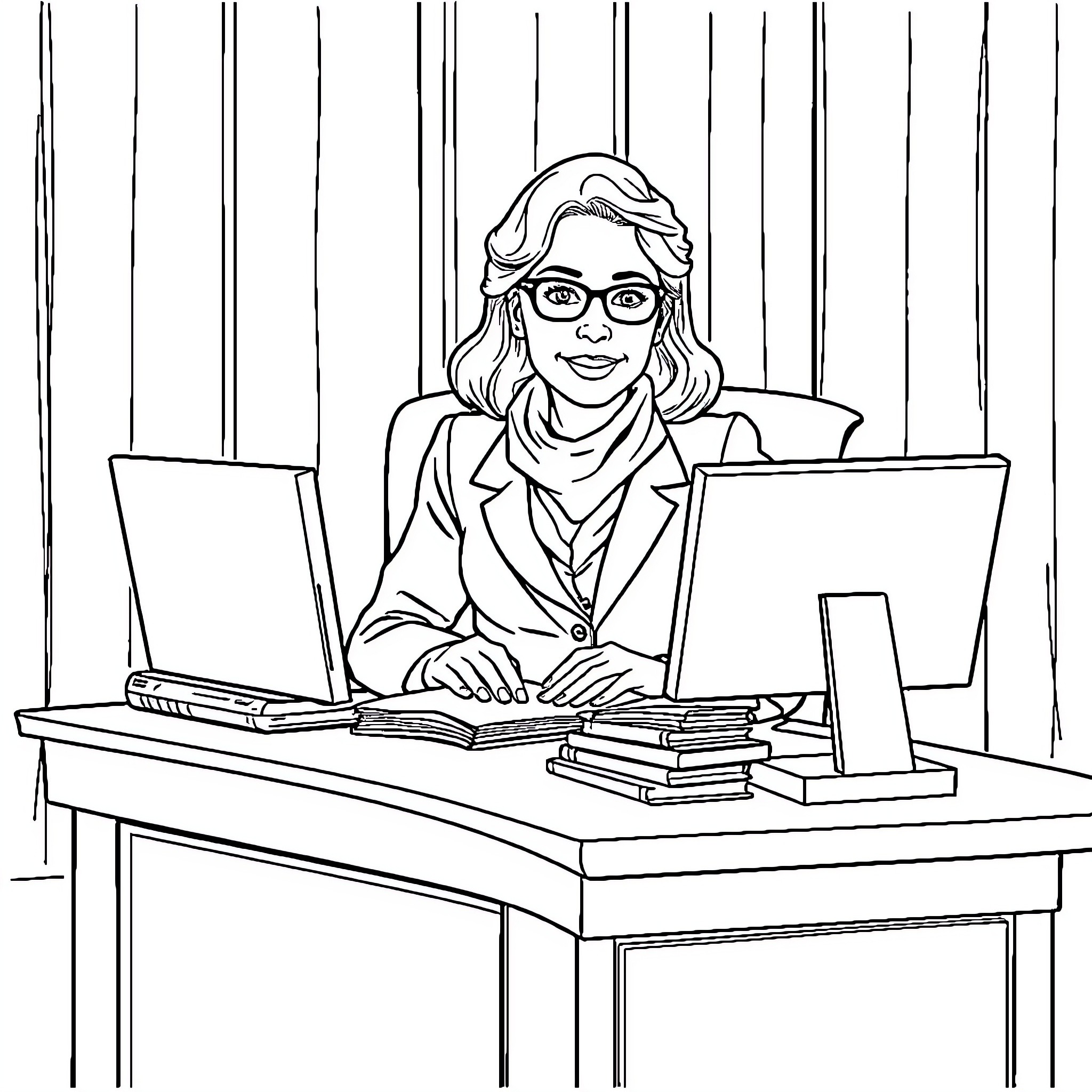 Mother working diligently at her desk Coloring Page (free black-and-white line drawing printable PDF for all, from beginners to advanced learners, including children, teens, adults, and seniors)