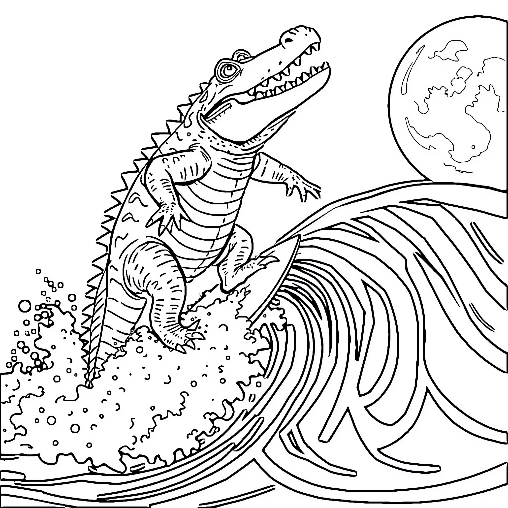 Crocodile Surfing on Massive Wave Coloring Page (free black-and-white line drawing printable PDF for all, from beginners to advanced learners, including children, teens, adults, and seniors)