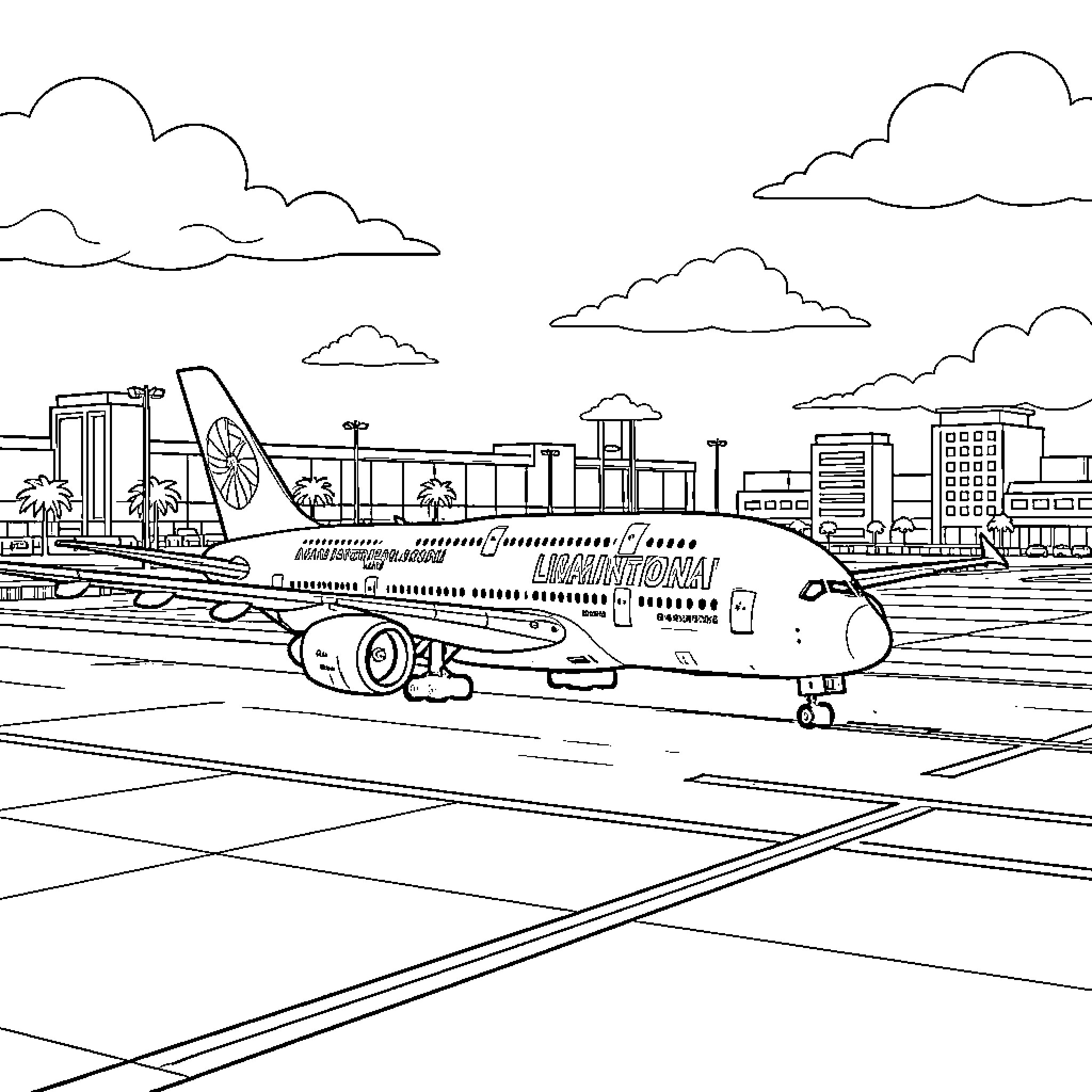 Airbus airplane taxiing on the airport runway Coloring Page (free black-and-white line drawing printable PDF for all, from beginners to advanced learners, including children, teens, adults, and seniors)