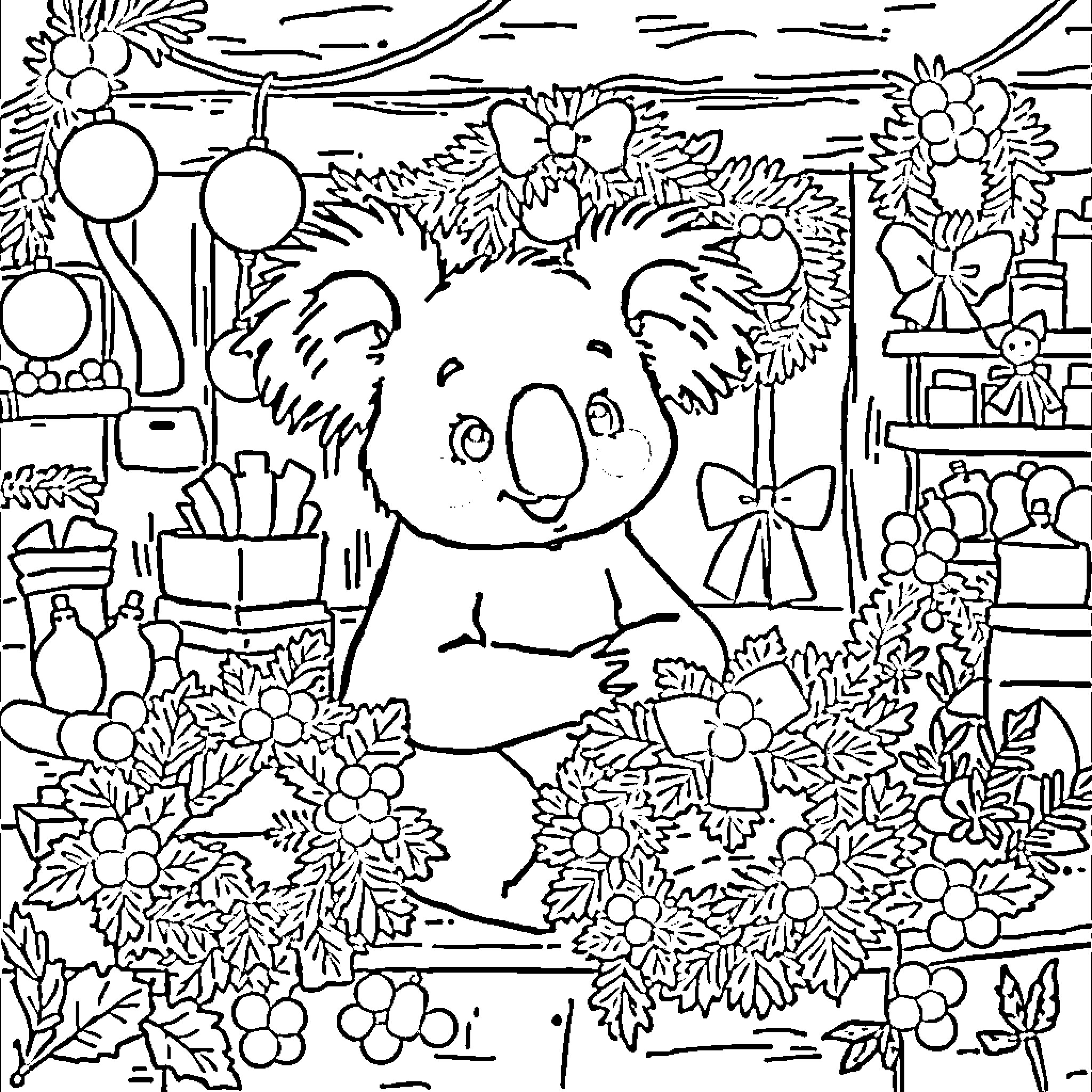 Koala celebrating in a floral wonderland Coloring Page (free black-and-white line drawing printable PDF for all, from beginners to advanced learners, including children, teens, adults, and seniors)