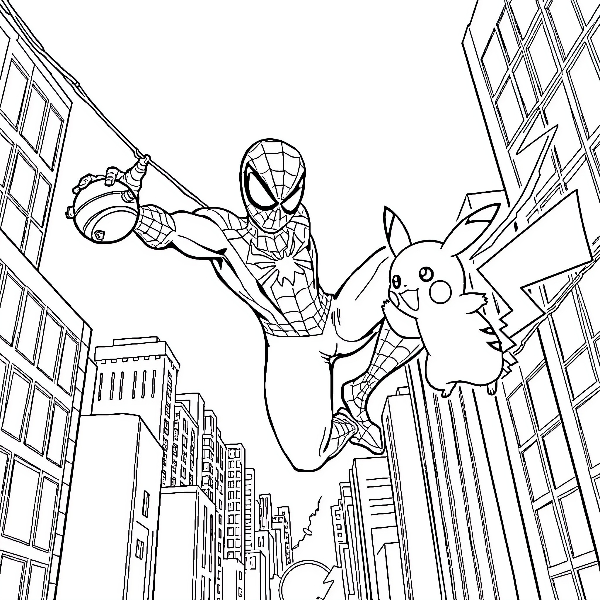 Spiderman swinging through the city with Pikachu Coloring Page (free black-and-white line drawing printable PDF for all, from beginners to advanced learners, including children, teens, adults, and seniors)