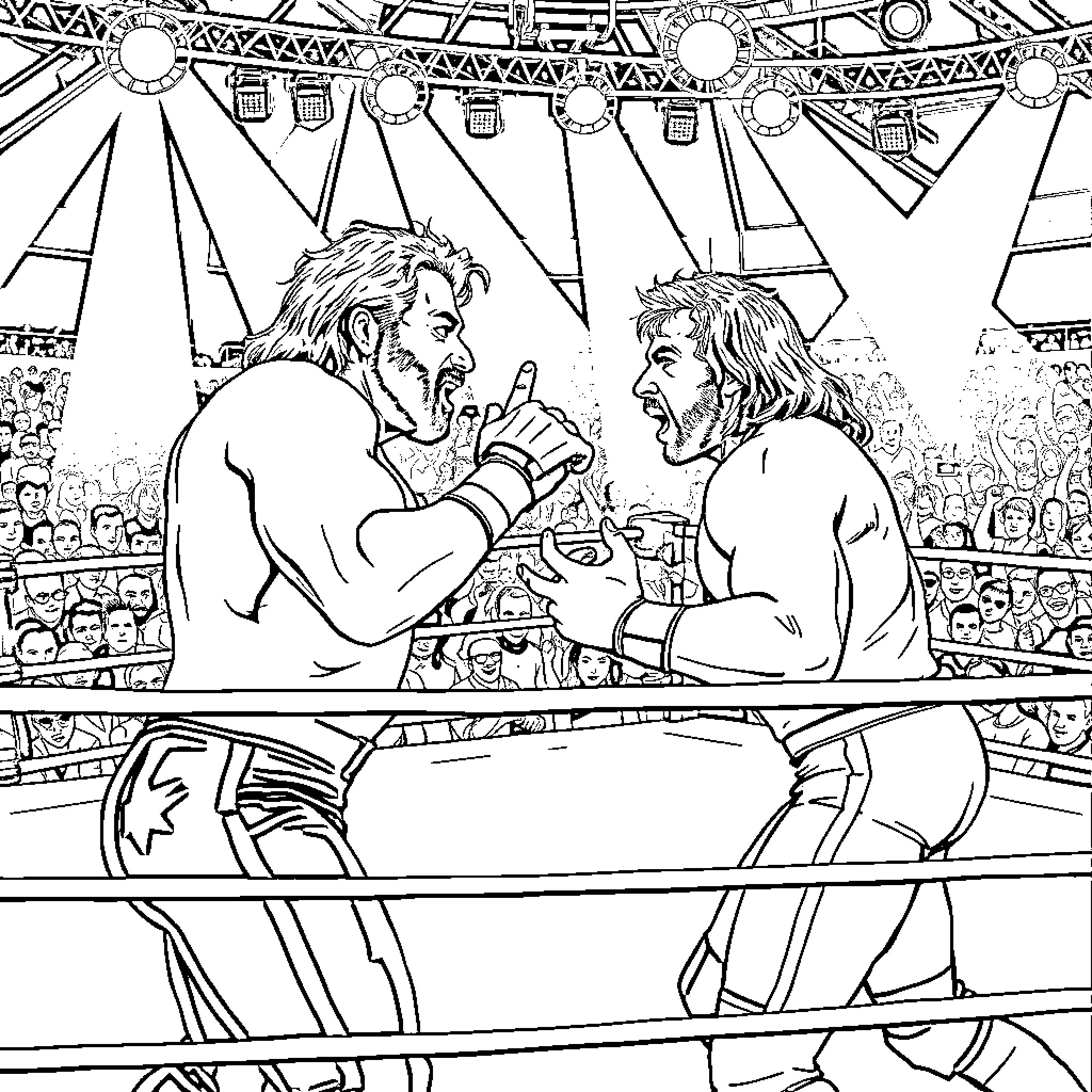 Bret Hart in intense wrestling match in arena Coloring Page (free black-and-white line drawing printable PDF for all, from beginners to advanced learners, including children, teens, adults, and seniors)