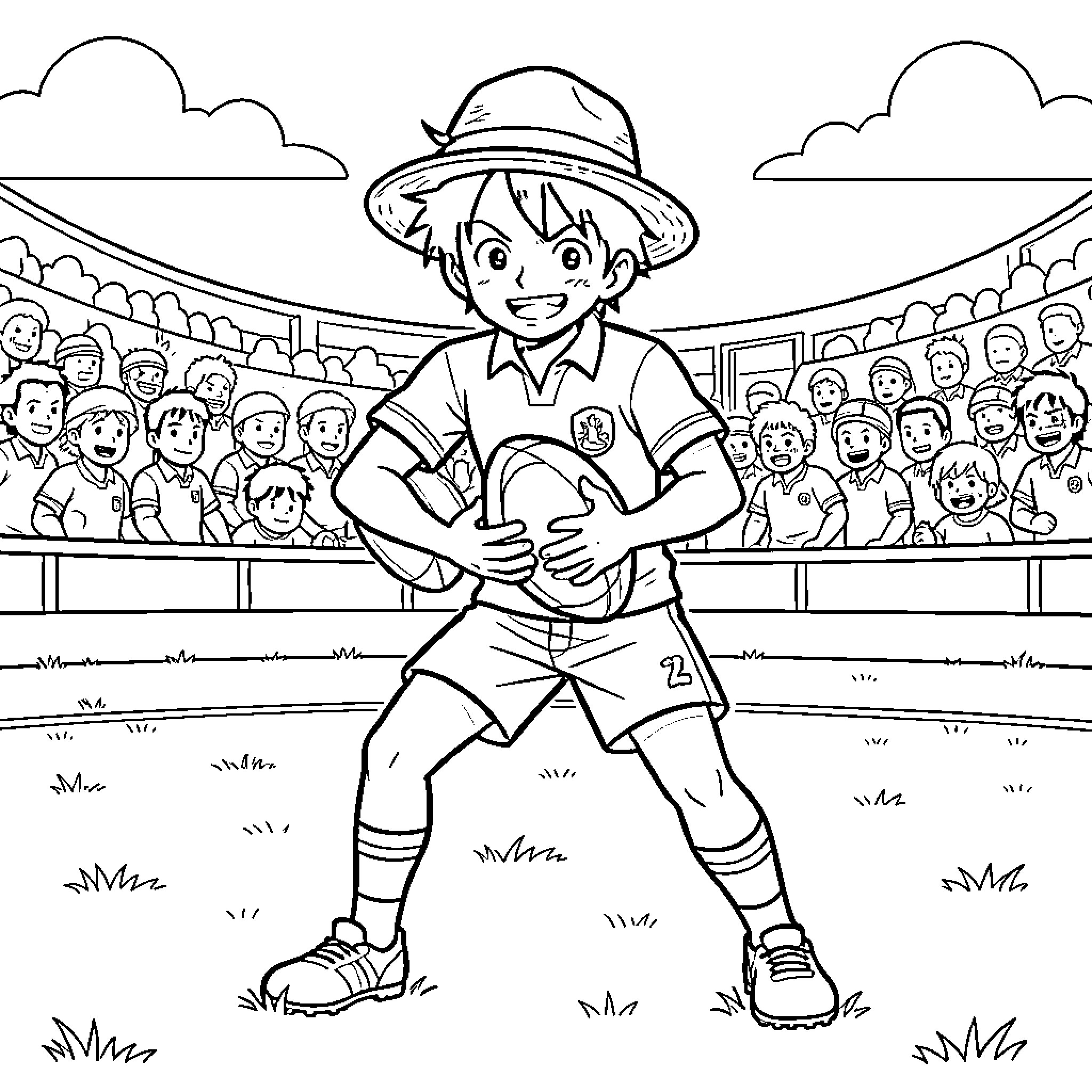 Luffy holding a rugby ball in a stadium Coloring Page (free black-and-white line drawing printable PDF for all, from beginners to advanced learners, including children, teens, adults, and seniors)