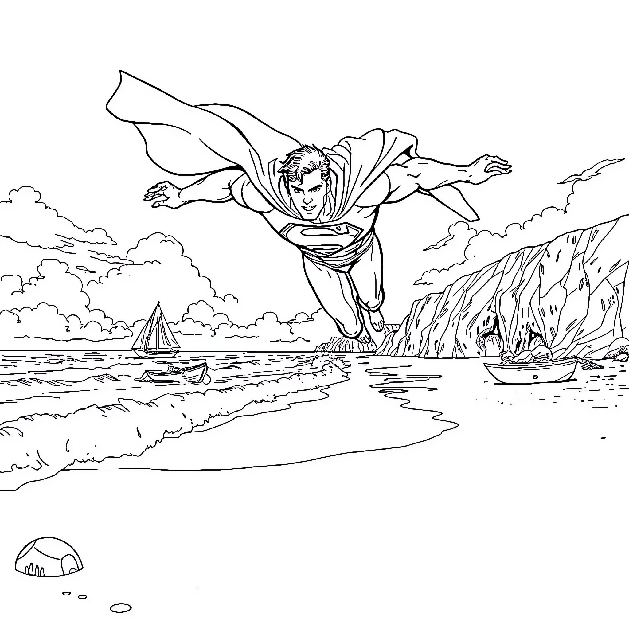 Superman soaring over ocean scenery Coloring Page (free black-and-white line drawing printable PDF for all, from beginners to advanced learners, including children, teens, adults, and seniors)