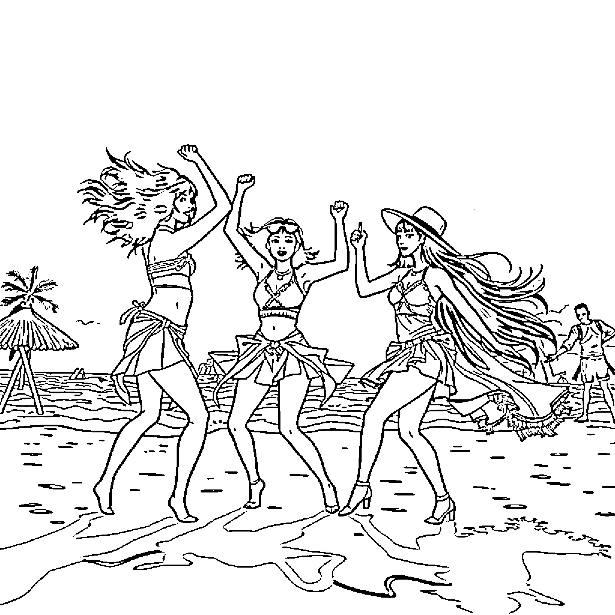 Kpop Warriors Dancing on the Beach Coloring Page (free black-and-white line drawing printable PDF for all, from beginners to advanced learners, including children, teens, adults, and seniors)