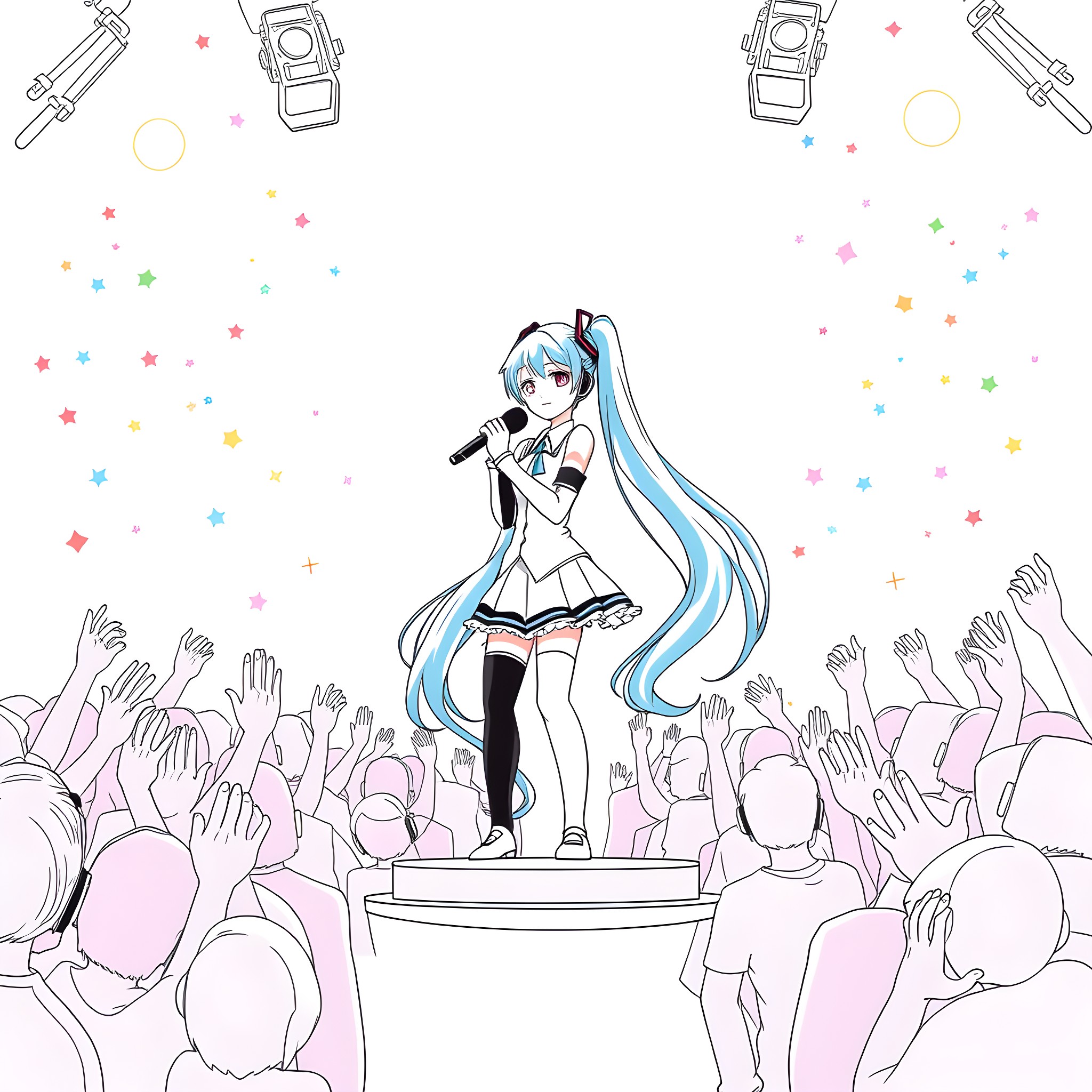 Miku performing energetically on stage Coloring Page (free black-and-white line drawing printable PDF for all, from beginners to advanced learners, including children, teens, adults, and seniors)