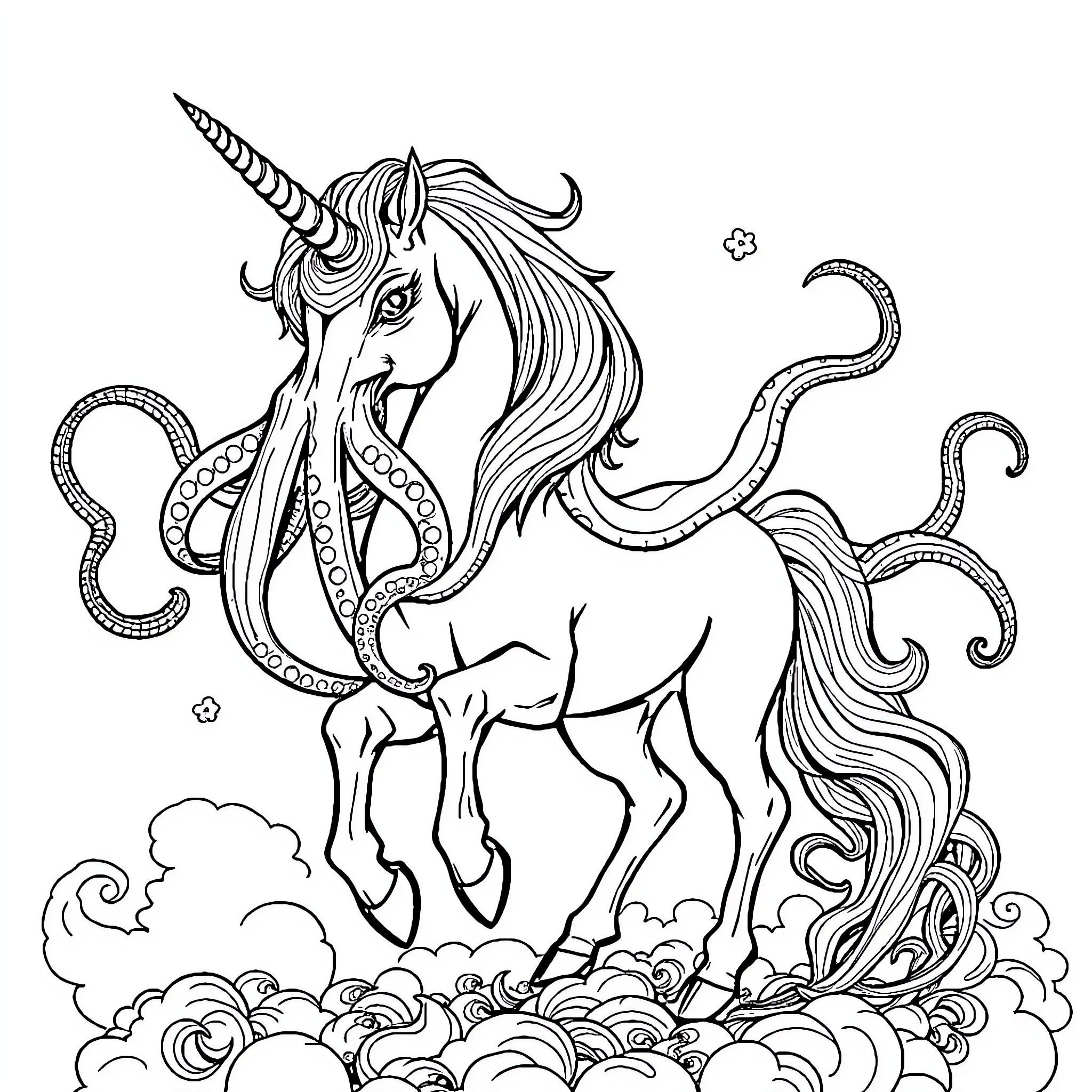 Unicorn Cthulhu dancing among the clouds Coloring Page (free black-and-white line drawing printable PDF for all, from beginners to advanced learners, including children, teens, adults, and seniors)