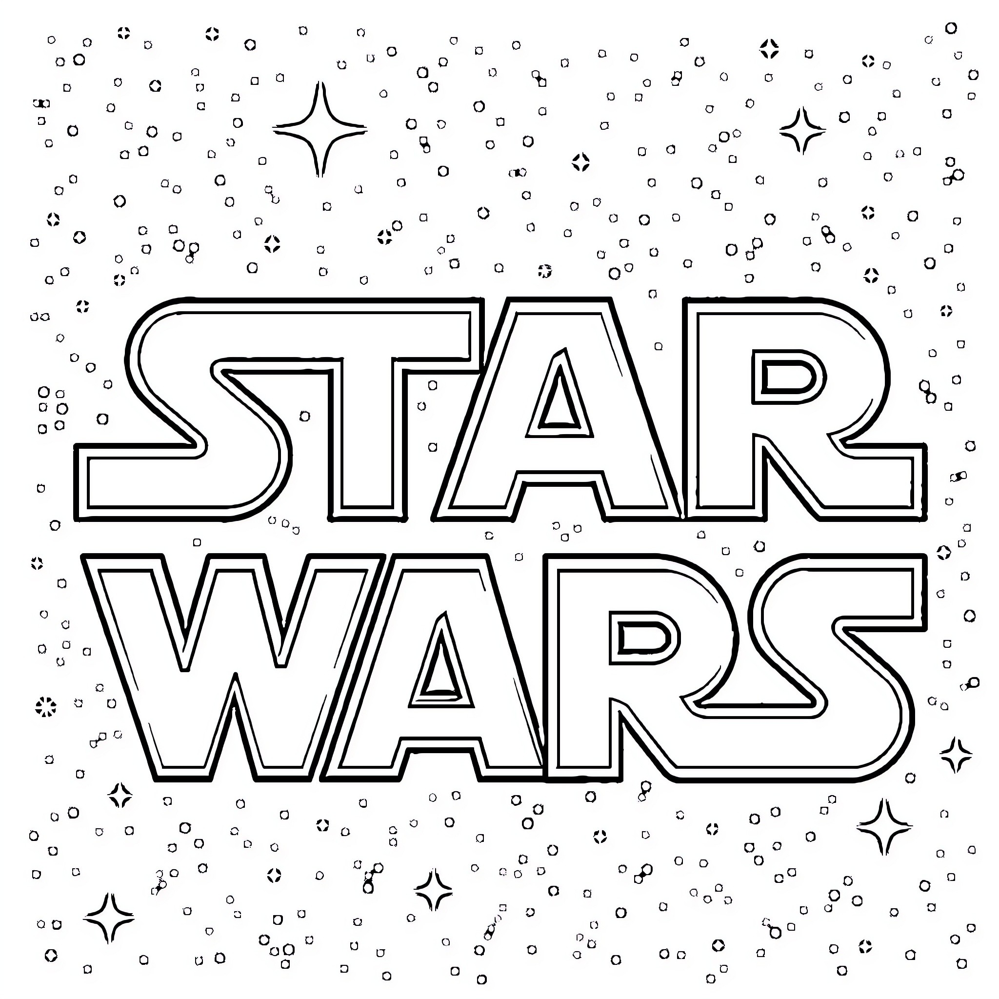 Star Wars Characters and Starry Space Scene Coloring Page (free black-and-white line drawing printable PDF for all, from beginners to advanced learners, including children, teens, adults, and seniors)