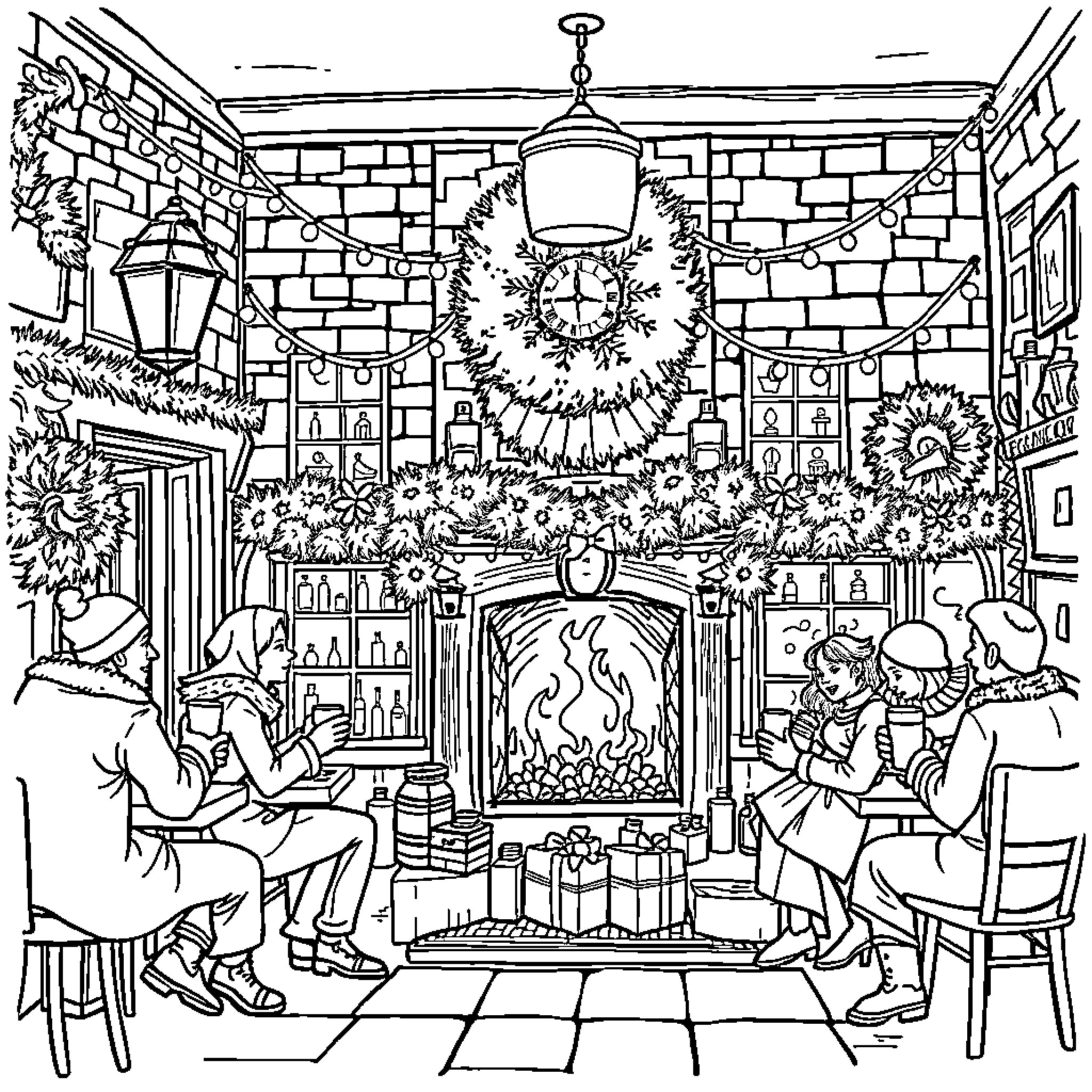 Pub scene with festive decor and cheerful patrons Coloring Page (free black-and-white line drawing printable PDF for all, from beginners to advanced learners, including children, teens, adults, and seniors)