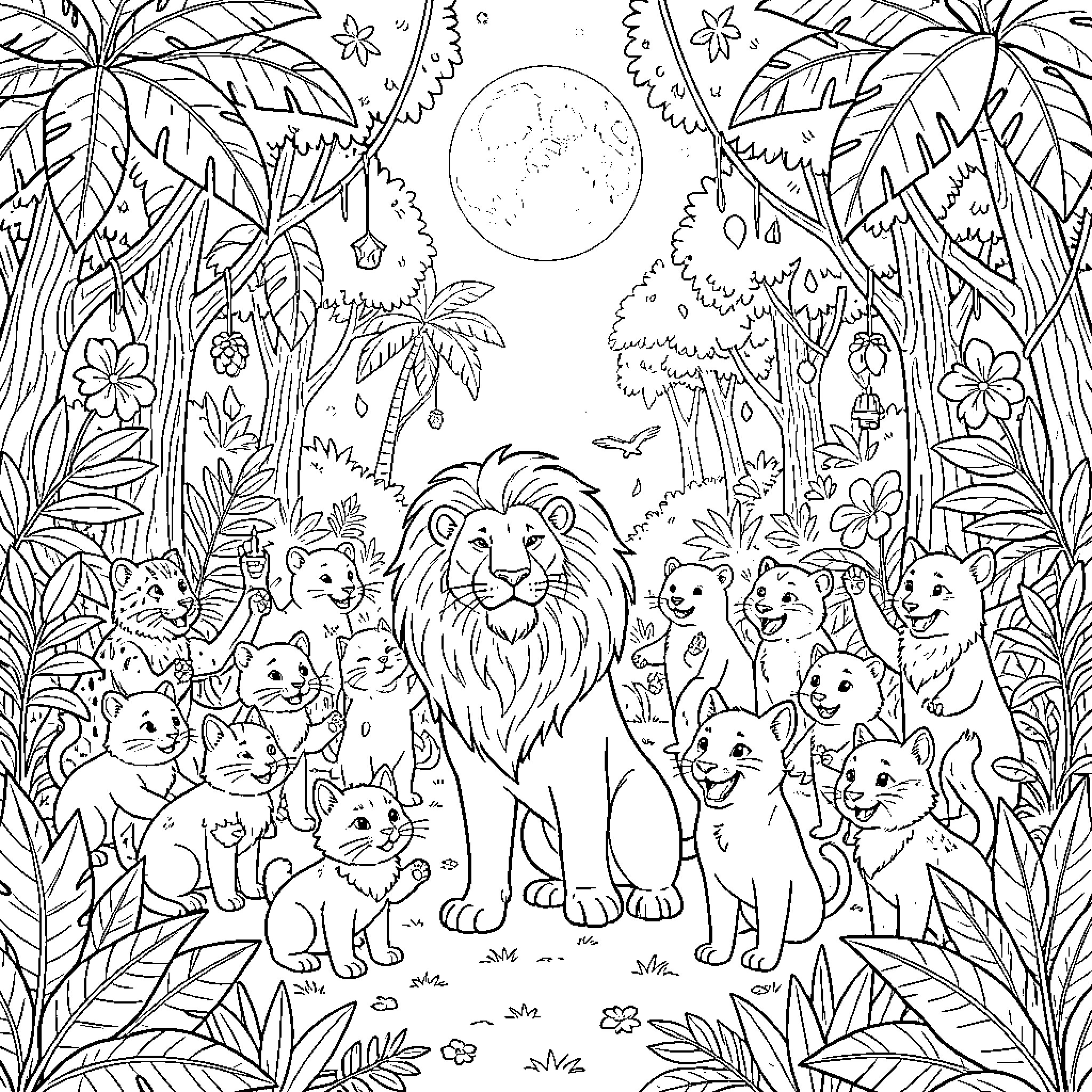 Jungle adventure with animals in the moonlight Coloring Page (free black-and-white line drawing printable PDF for all, from beginners to advanced learners, including children, teens, adults, and seniors)