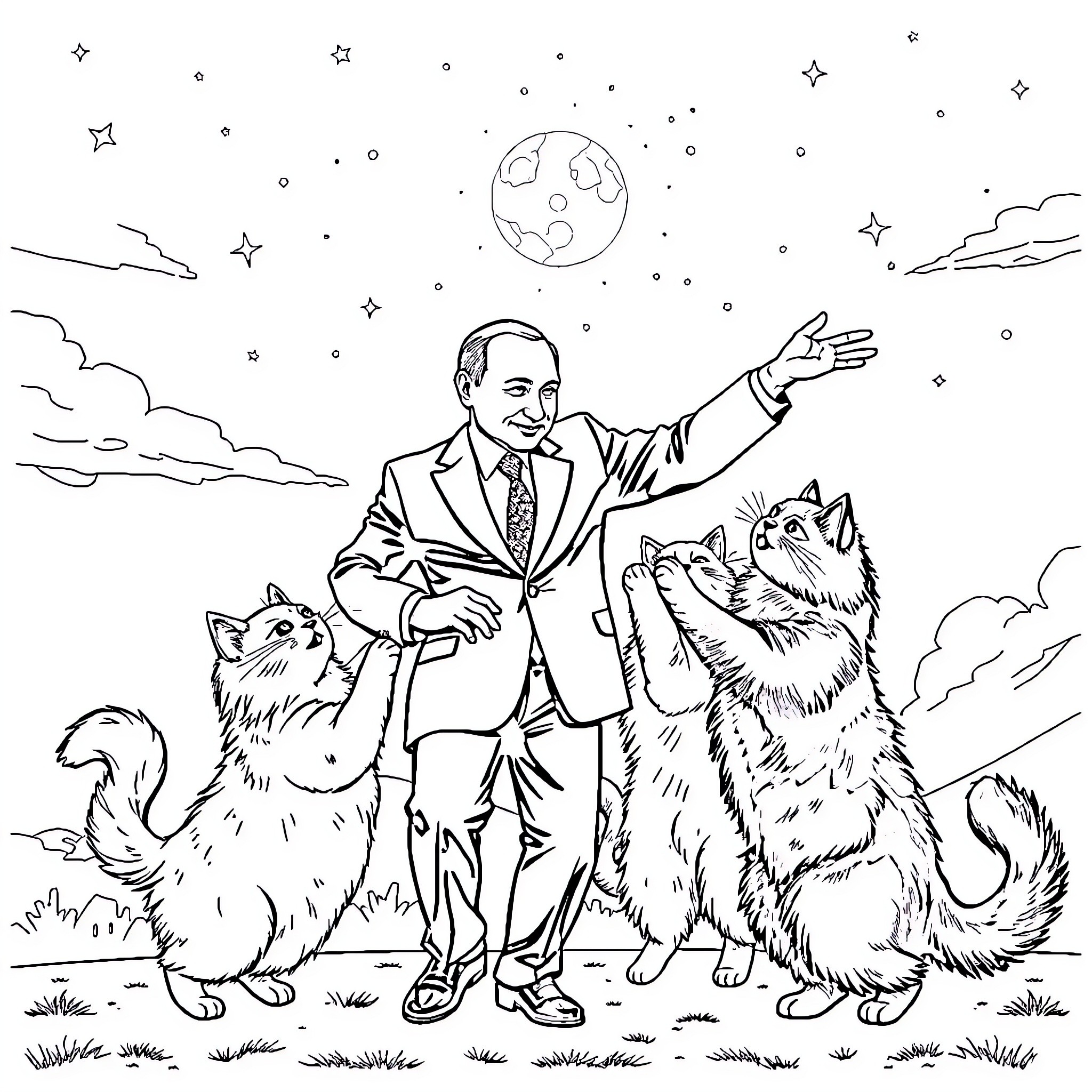 Vladimir Putin with cats under the night sky Coloring Page (free black-and-white line drawing printable PDF for all, from beginners to advanced learners, including children, teens, adults, and seniors)
