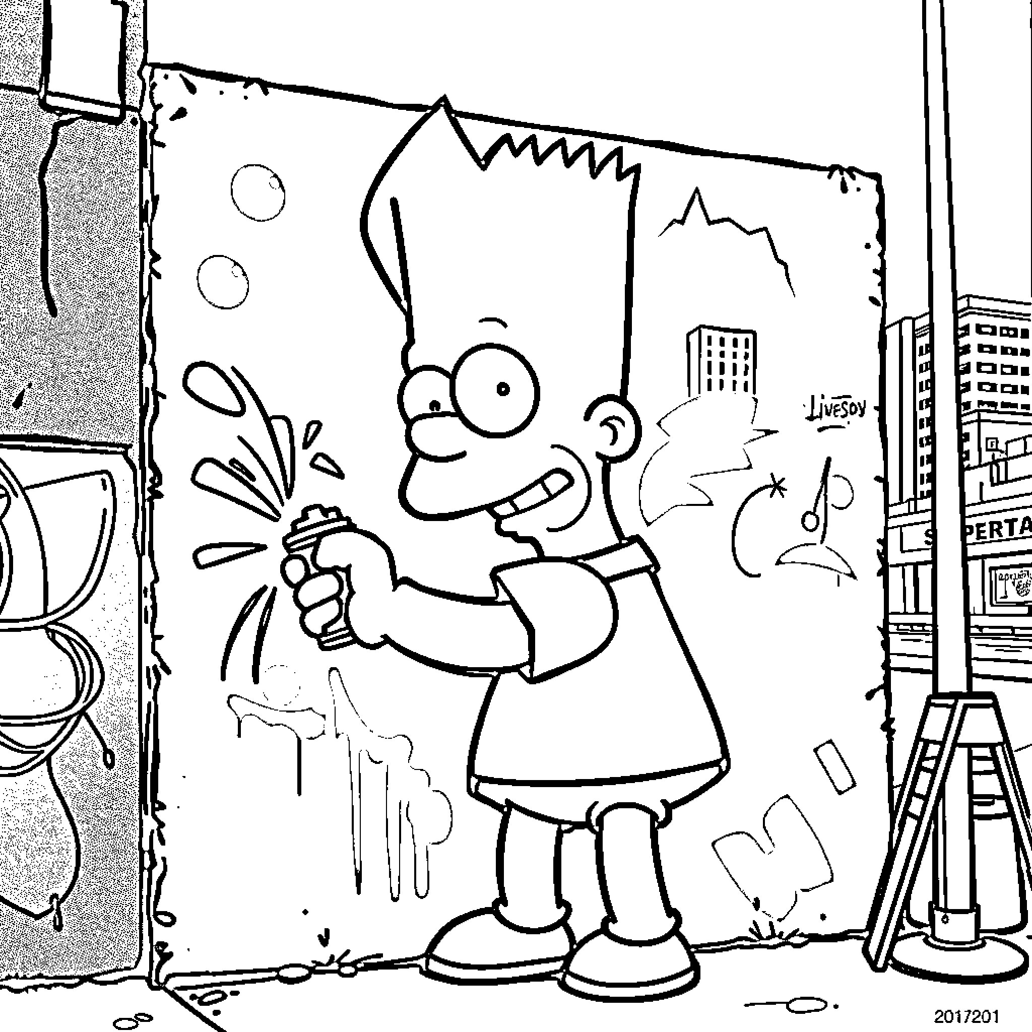 Bart Simpson engages in mischievous graffiti act Coloring Page (free black-and-white line drawing printable PDF for all, from beginners to advanced learners, including children, teens, adults, and seniors)