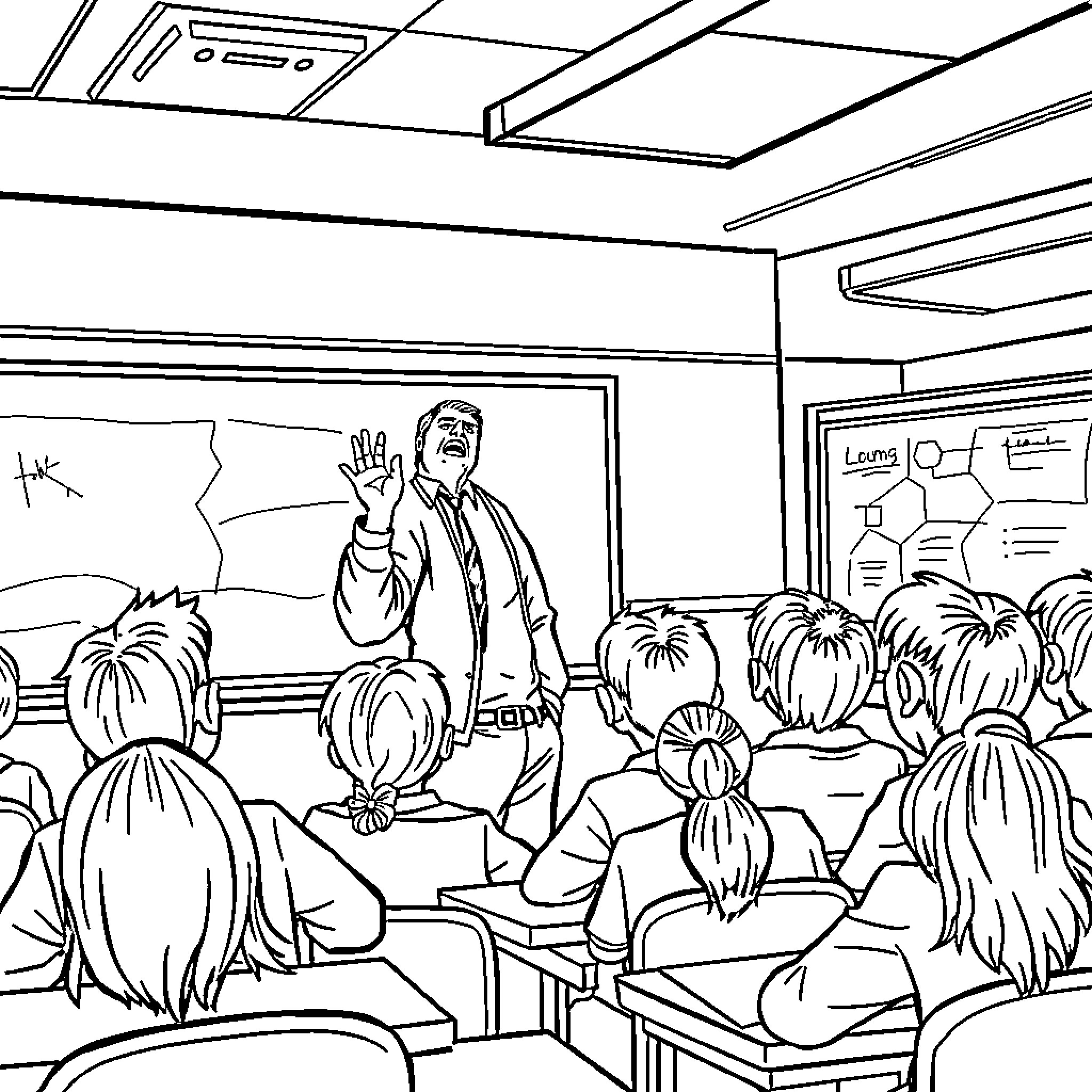 Teacher instructing students in the classroom Coloring Page (free black-and-white line drawing printable PDF for all, from beginners to advanced learners, including children, teens, adults, and seniors)