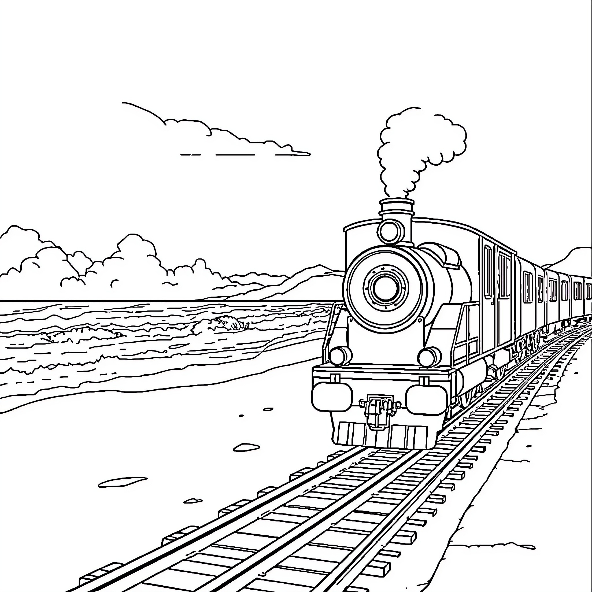 Train journeying through scenic landscape Coloring Page (free black-and-white line drawing printable PDF for all, from beginners to advanced learners, including children, teens, adults, and seniors)