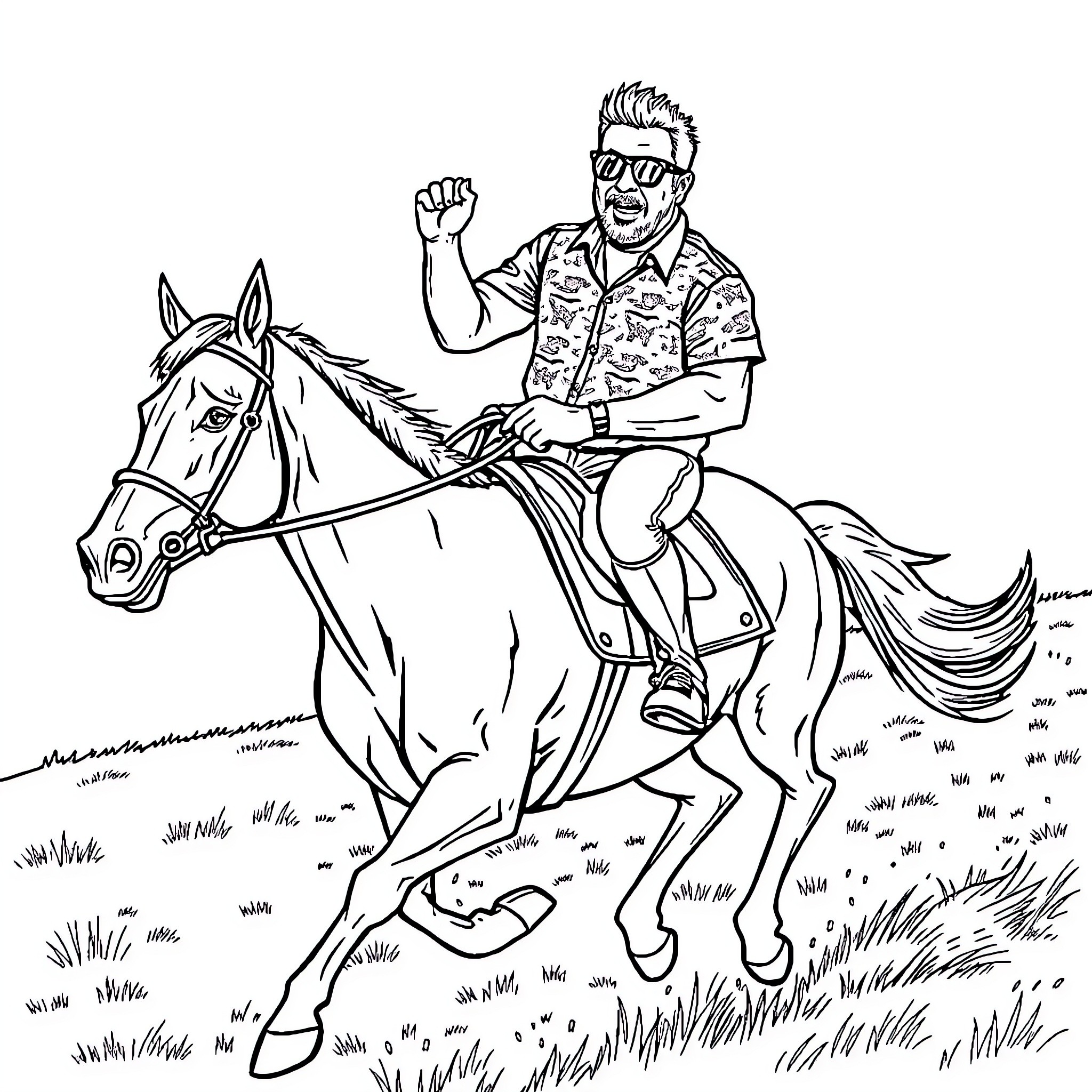 Guy Fieri riding a spirited horse through the countryside Coloring Page (free black-and-white line drawing printable PDF for all, from beginners to advanced learners, including children, teens, adults, and seniors)