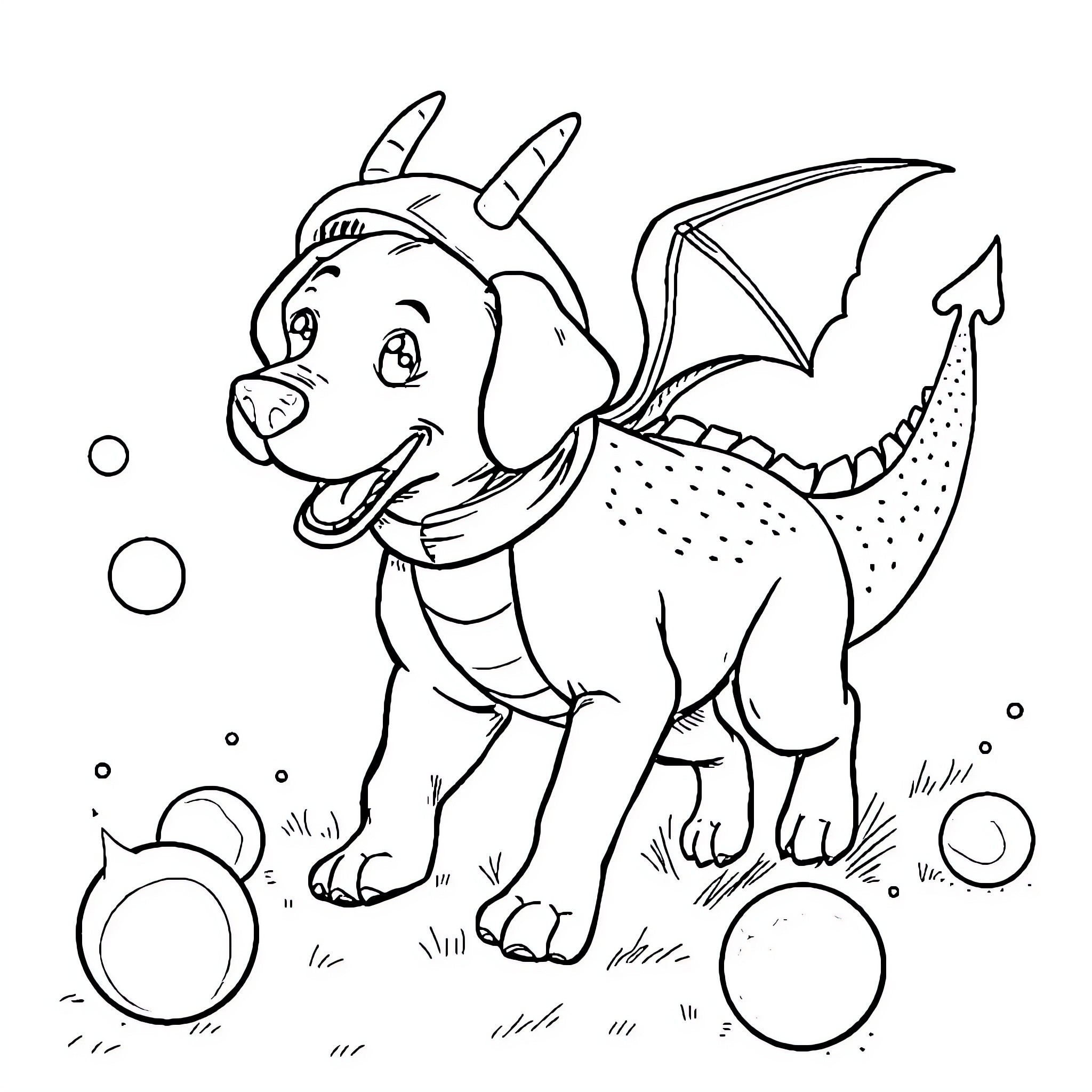 Dog dressed as a dragon playing with bubbles Coloring Page (free black-and-white line drawing printable PDF for all, from beginners to advanced learners, including children, teens, adults, and seniors)