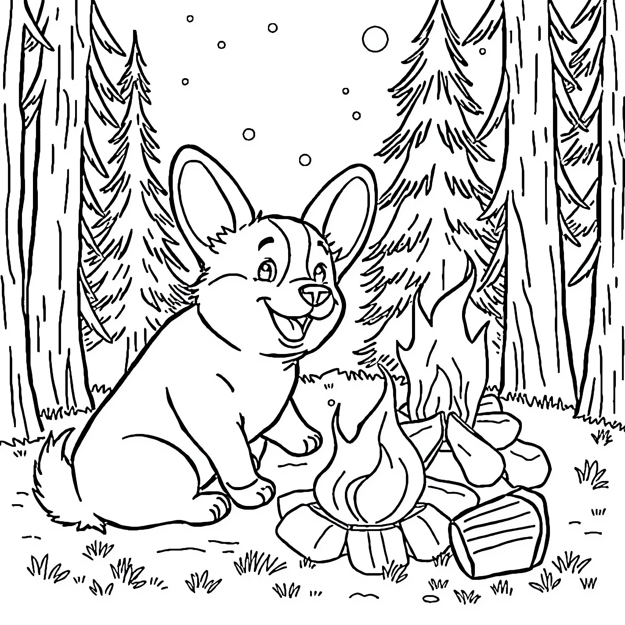 Corgi enjoying cozy campfire in snowy forest Coloring Page (free black-and-white line drawing printable PDF for all, from beginners to advanced learners, including children, teens, adults, and seniors)