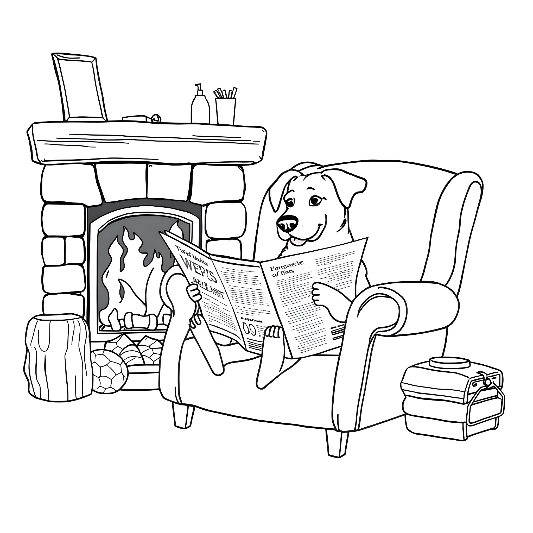 Dog relaxing by the fireplace and reading a newspaper Coloring Page (free black-and-white line drawing printable PDF for all, from beginners to advanced learners, including children, teens, adults, and seniors)
