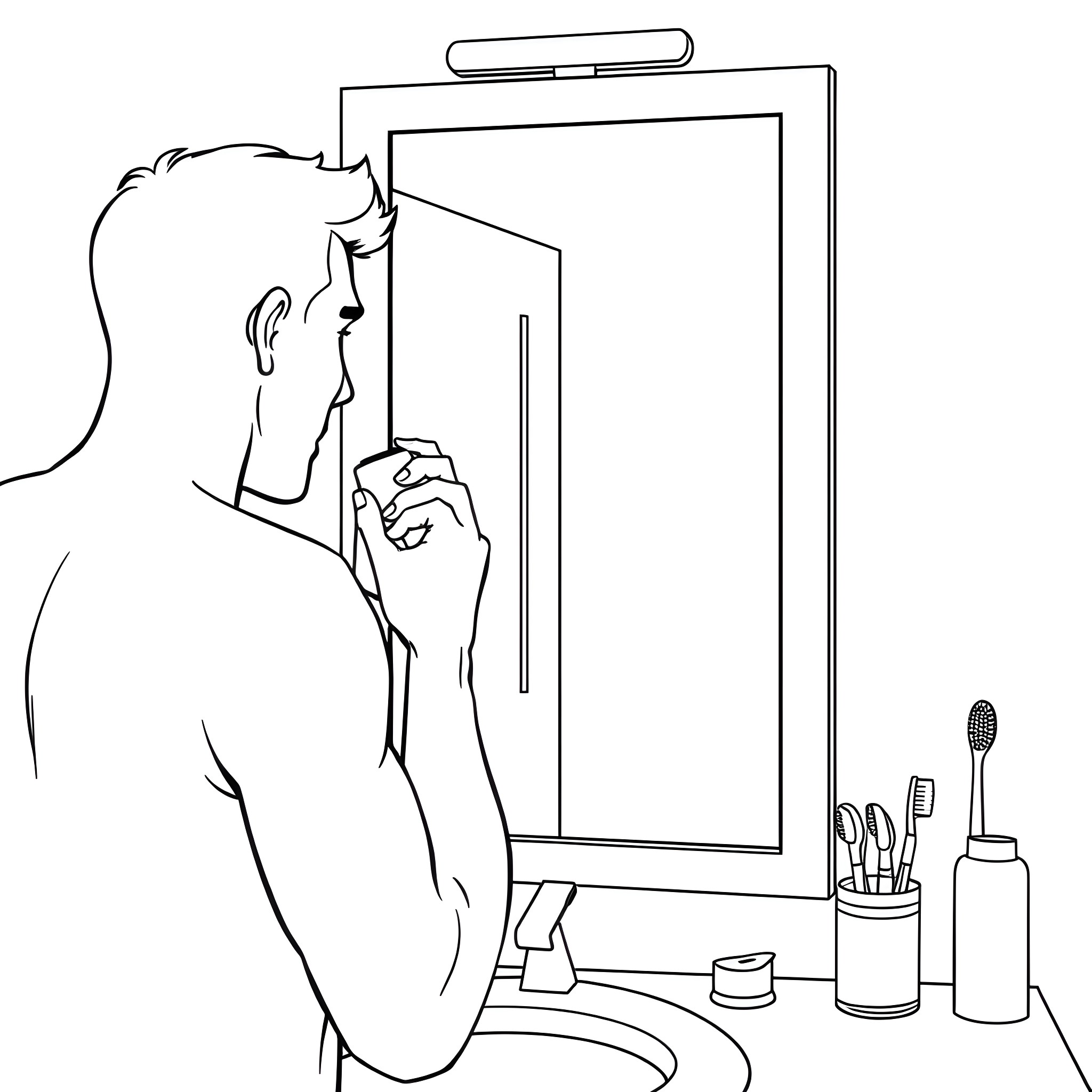 Man examining himself in the bathroom mirror Coloring Page (free black-and-white line drawing printable PDF for all, from beginners to advanced learners, including children, teens, adults, and seniors)