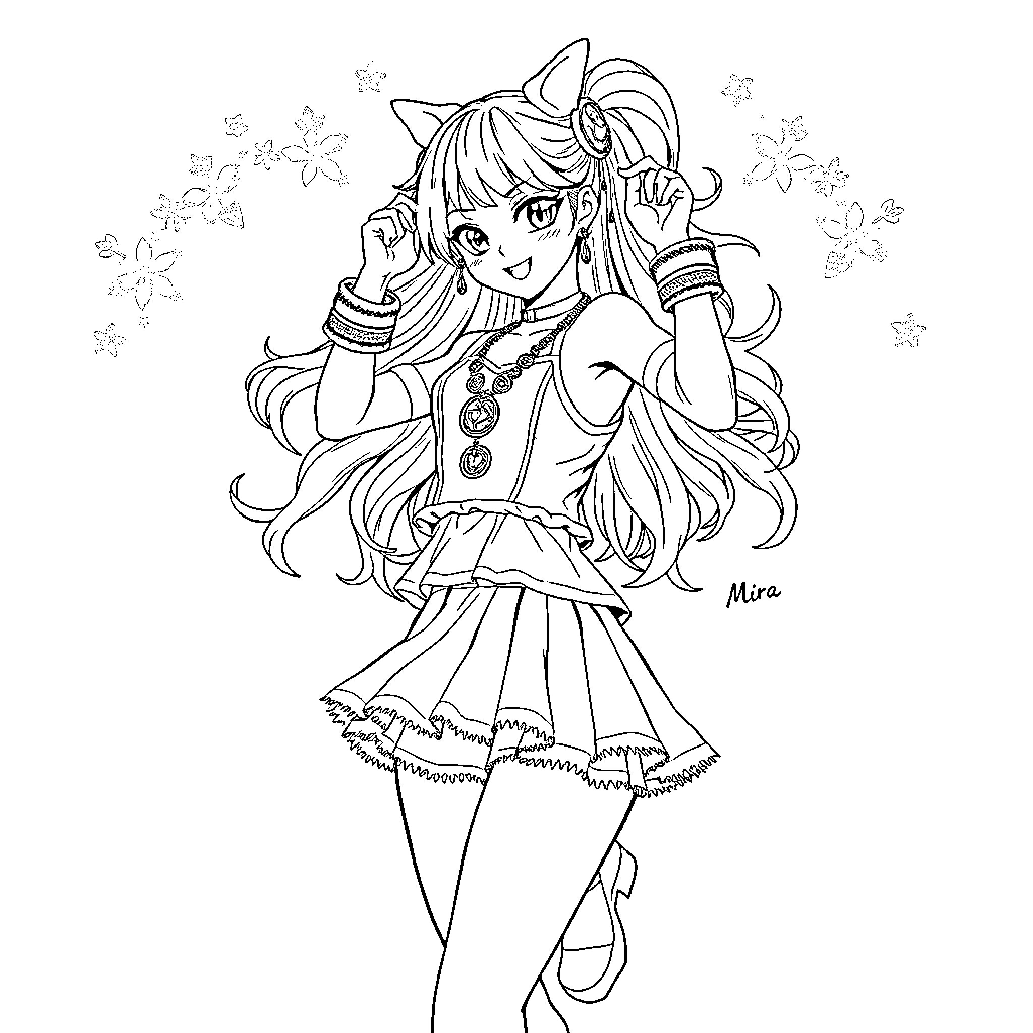 Mira's Whimsical Outfit and Playful Expression Coloring Page (free black-and-white line drawing printable PDF for all, from beginners to advanced learners, including children, teens, adults, and seniors)