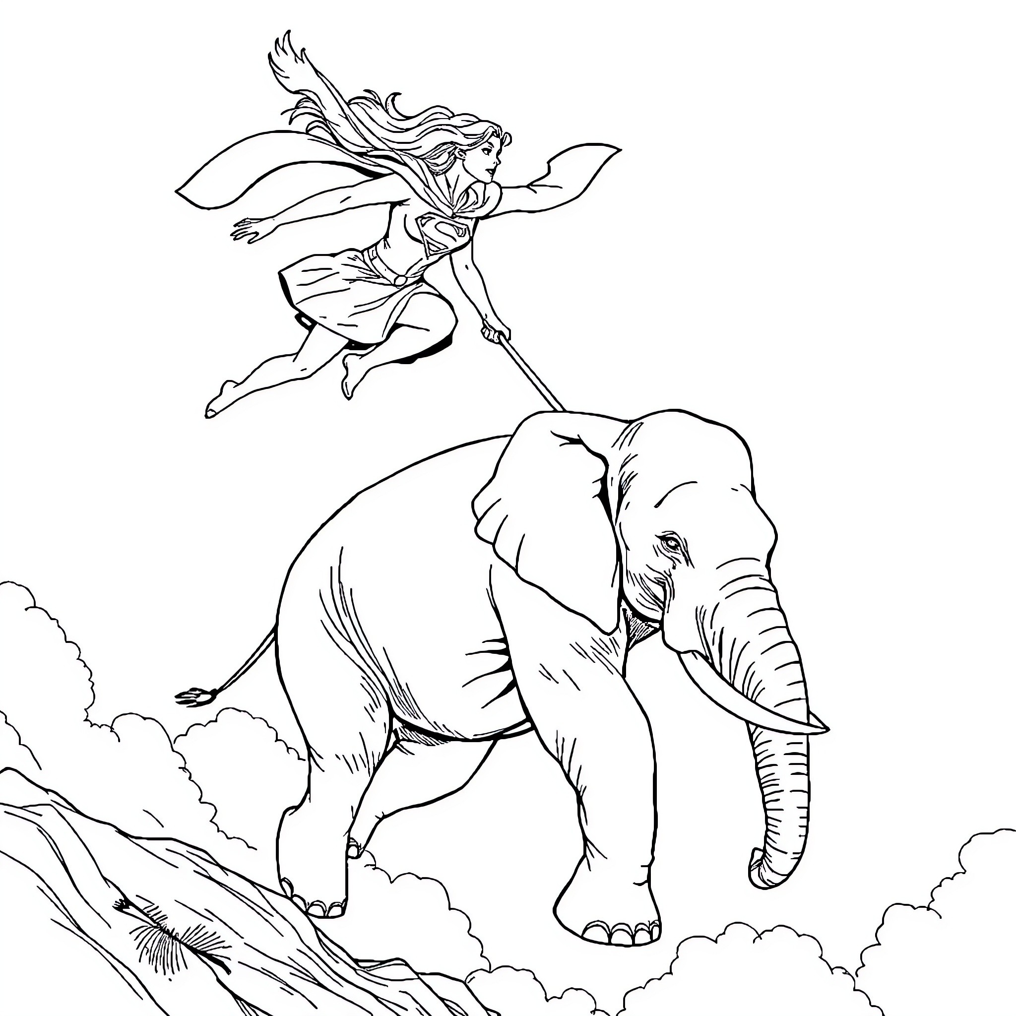 Supergirl rescuing an elephant from a dangerous situation Coloring Page (free black-and-white line drawing printable PDF for all, from beginners to advanced learners, including children, teens, adults, and seniors)