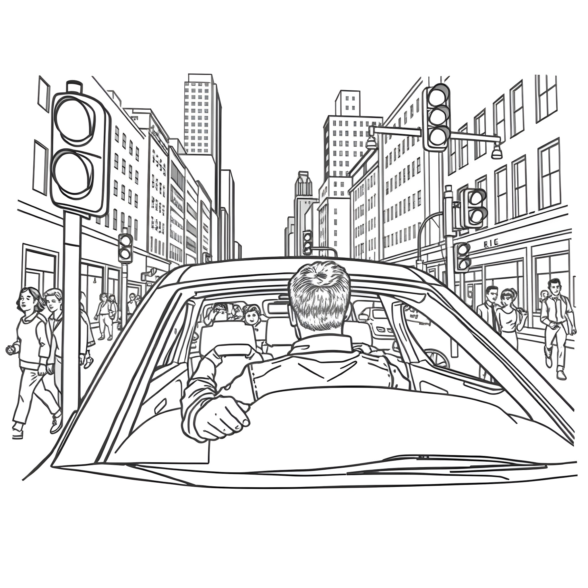 Man driving car in bustling city street Coloring Page (free black-and-white line drawing printable PDF for all, from beginners to advanced learners, including children, teens, adults, and seniors)