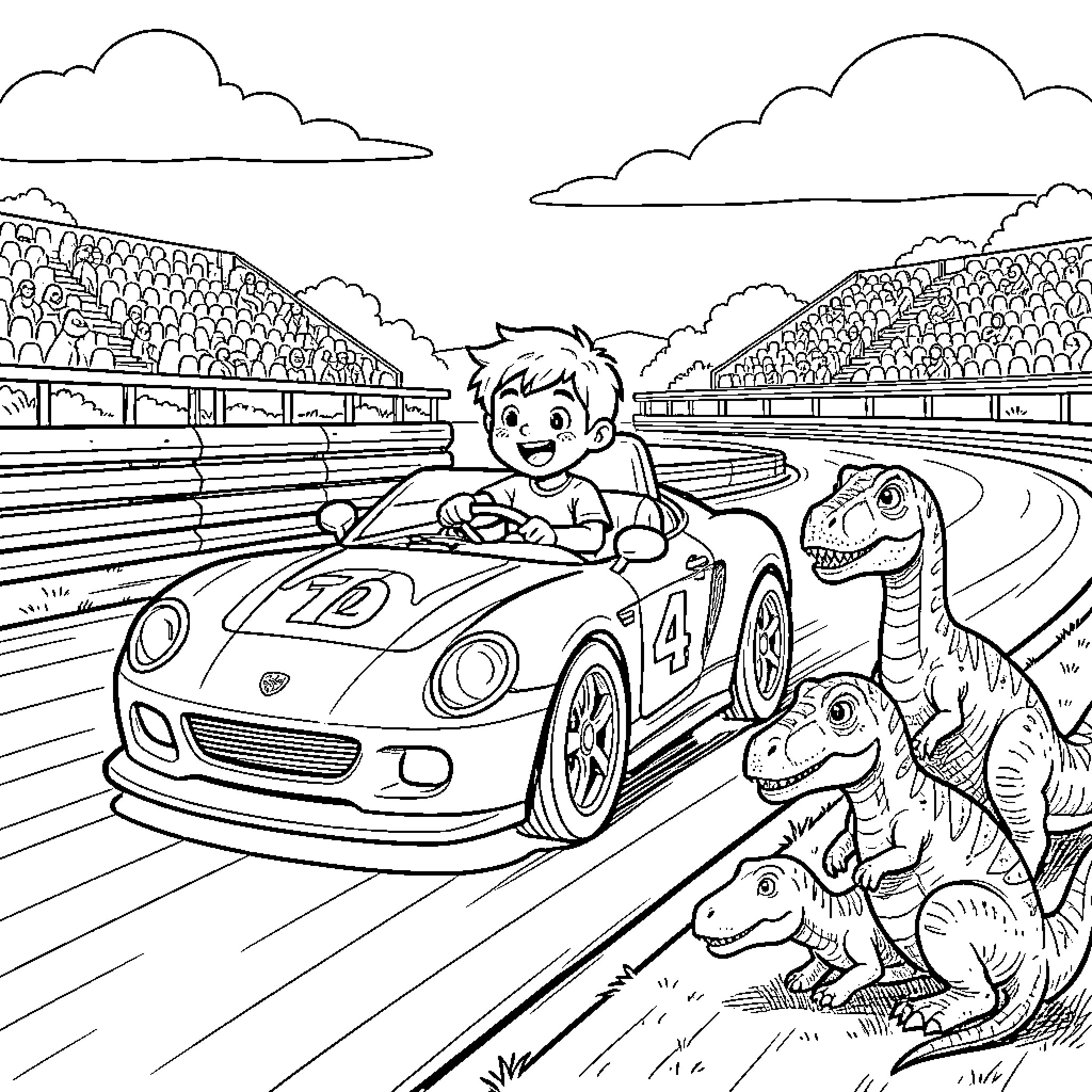 Boy racing car with dinosaurs on track Coloring Page (free black-and-white line drawing printable PDF for all, from beginners to advanced learners, including children, teens, adults, and seniors)