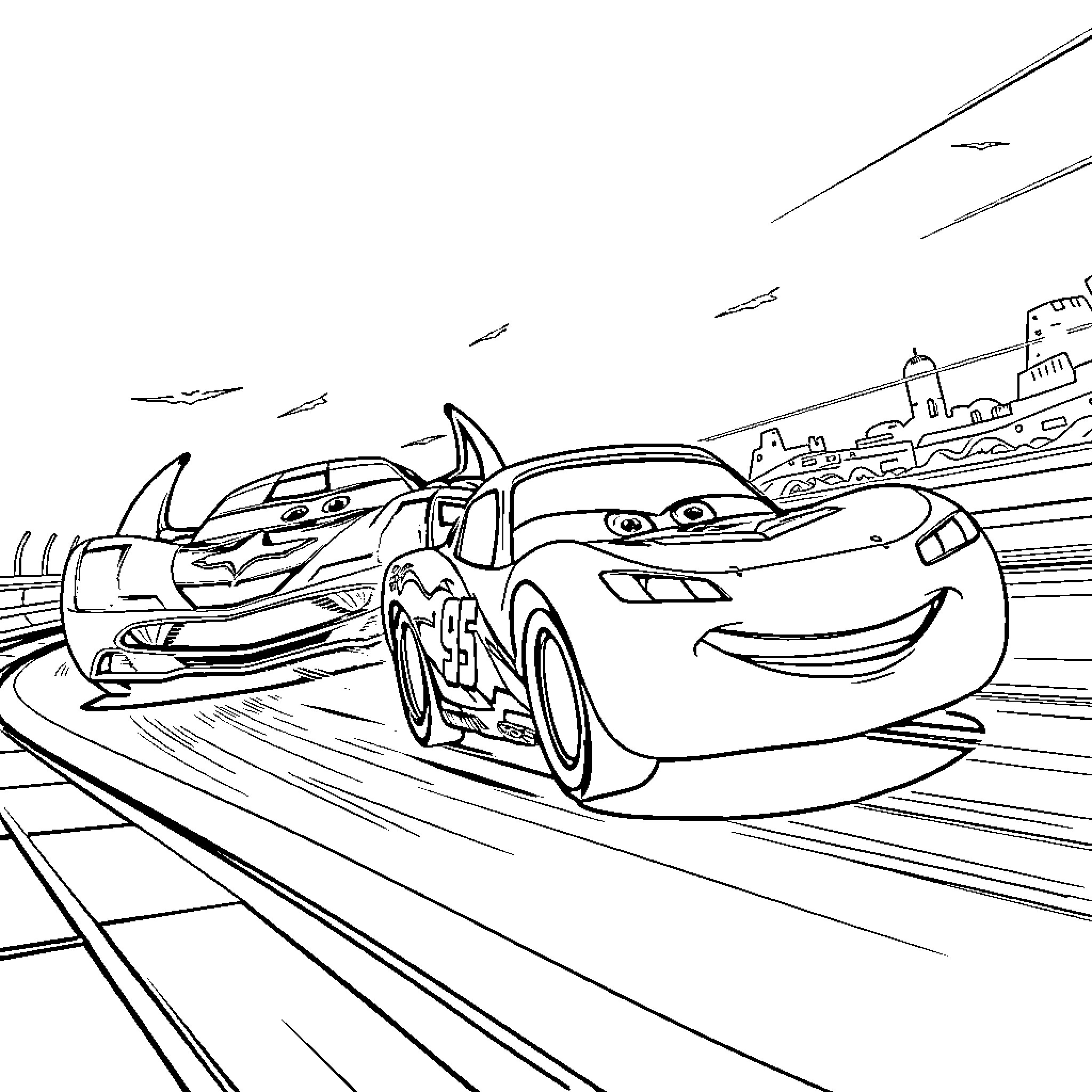 Lightning McQueen racing with friends on the track Coloring Page (free black-and-white line drawing printable PDF for all, from beginners to advanced learners, including children, teens, adults, and seniors)