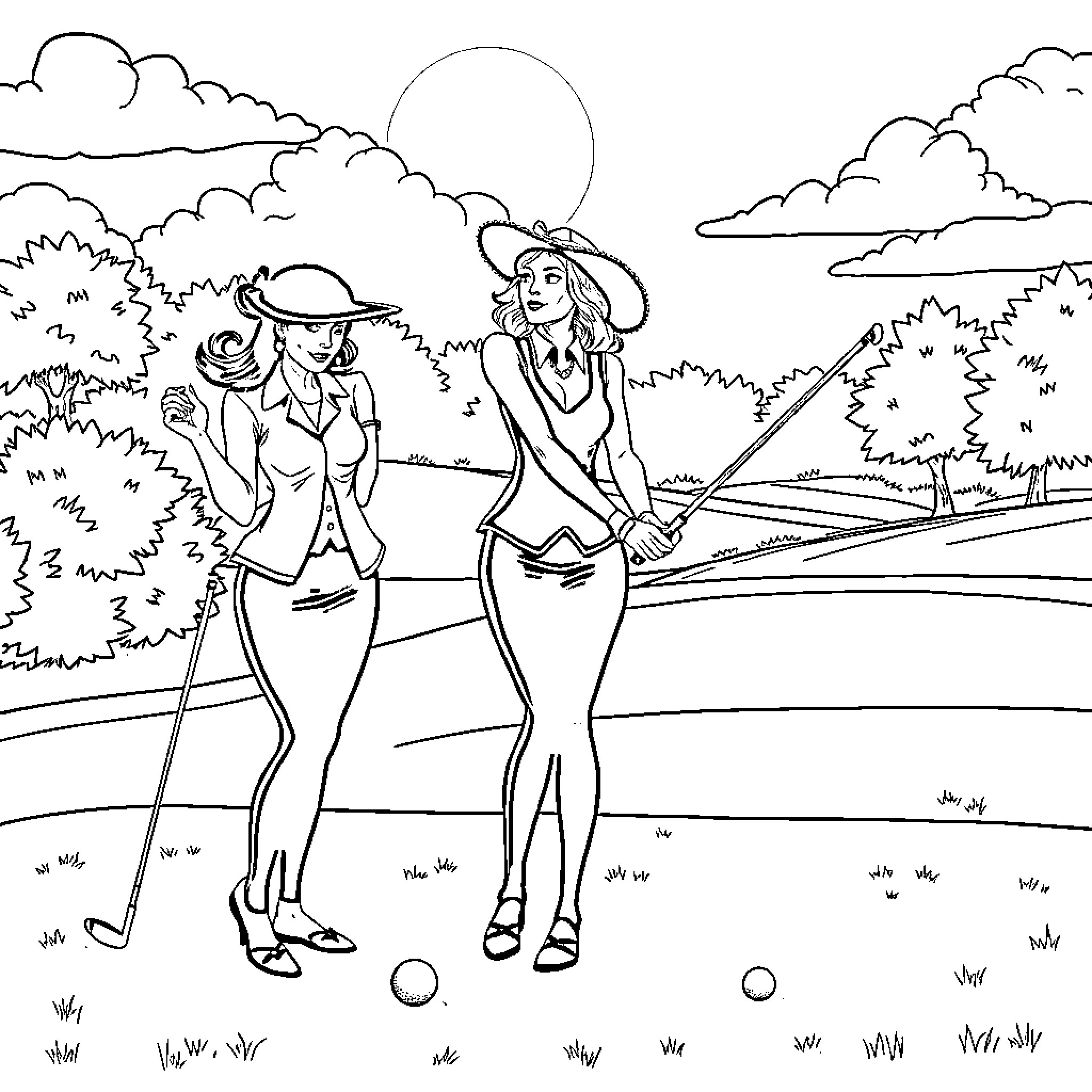 Widow strolling with friend on the golf course Coloring Page (free black-and-white line drawing printable PDF for all, from beginners to advanced learners, including children, teens, adults, and seniors)