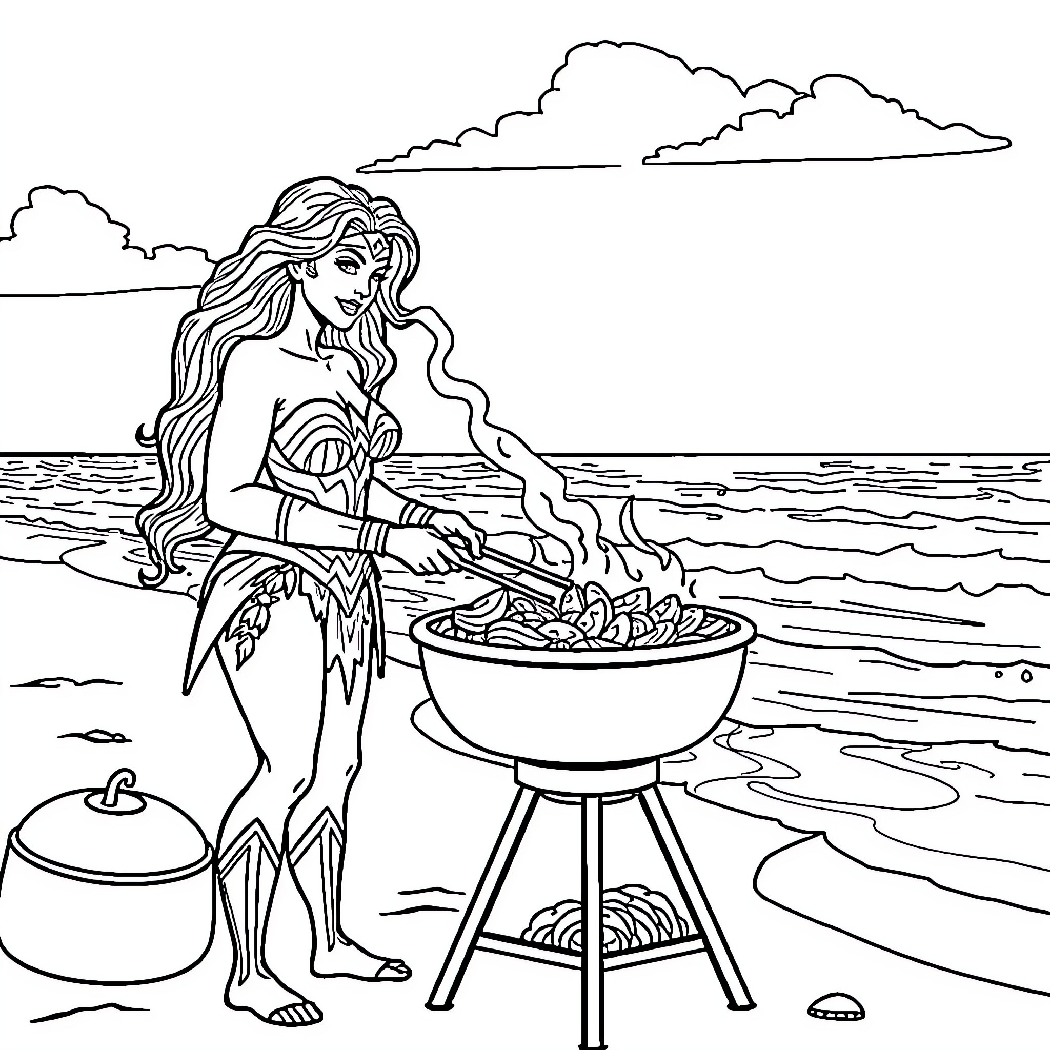 Wonder Woman Grilling by the Seaside Coloring Page (free black-and-white line drawing printable PDF for all, from beginners to advanced learners, including children, teens, adults, and seniors)
