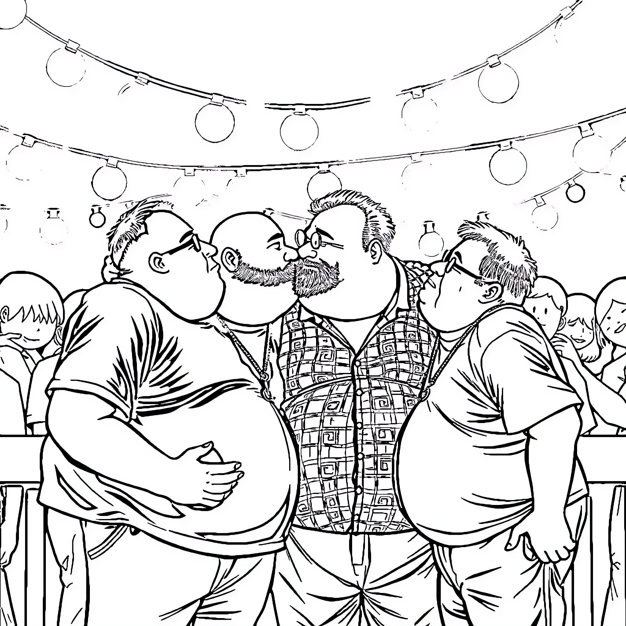 Guy celebrating with friends at outdoor party Coloring Page (free black-and-white line drawing printable PDF for all, from beginners to advanced learners, including children, teens, adults, and seniors)