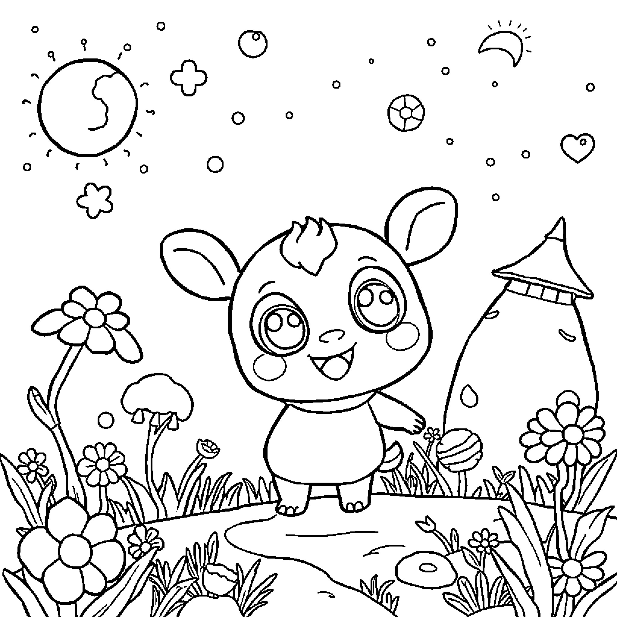 Labubu's Whimsical Adventure in Nature Coloring Page (free black-and-white line drawing printable PDF for all, from beginners to advanced learners, including children, teens, adults, and seniors)