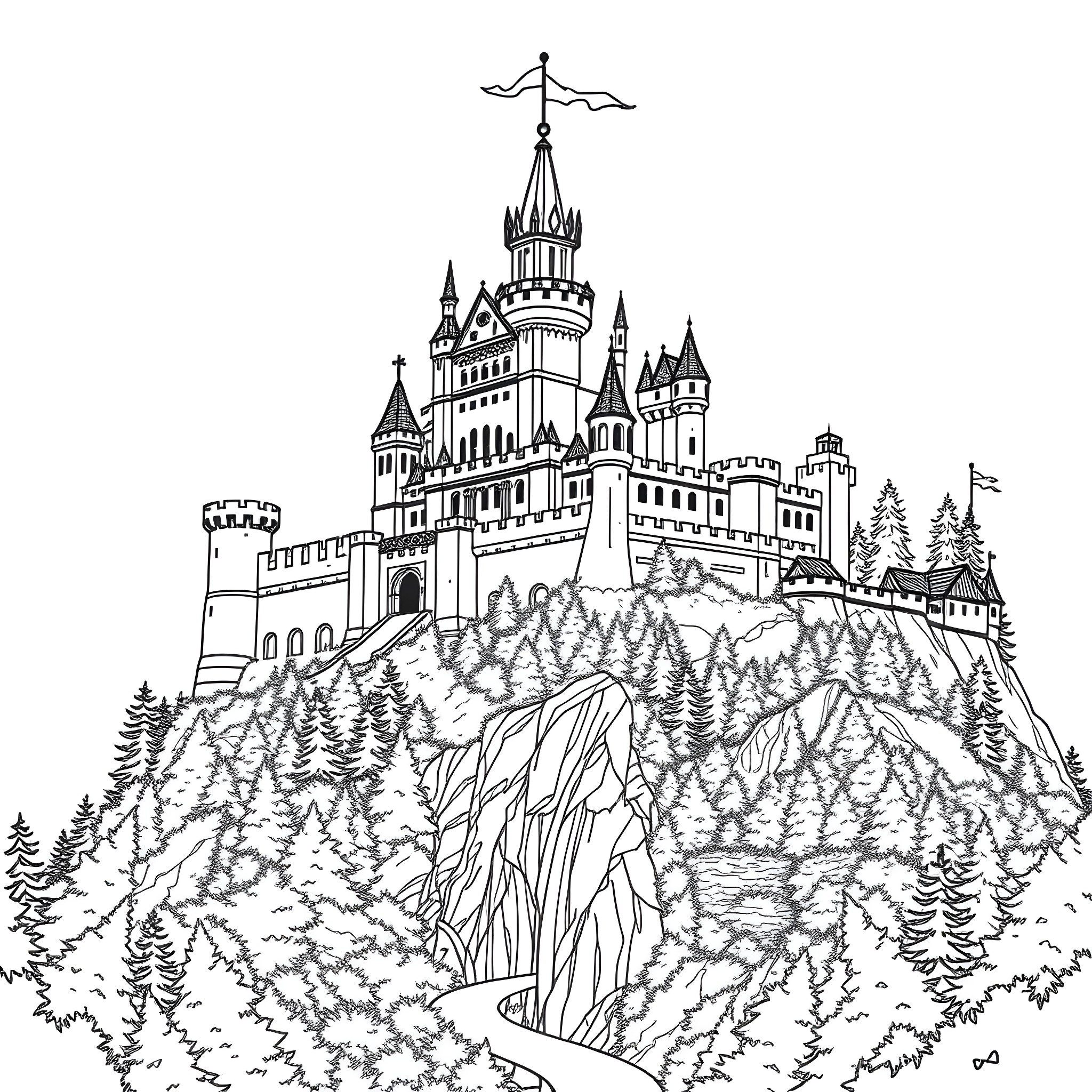 Castle on a hilltop surrounded by a forest Coloring Page (free black-and-white line drawing printable PDF for all, from beginners to advanced learners, including children, teens, adults, and seniors)
