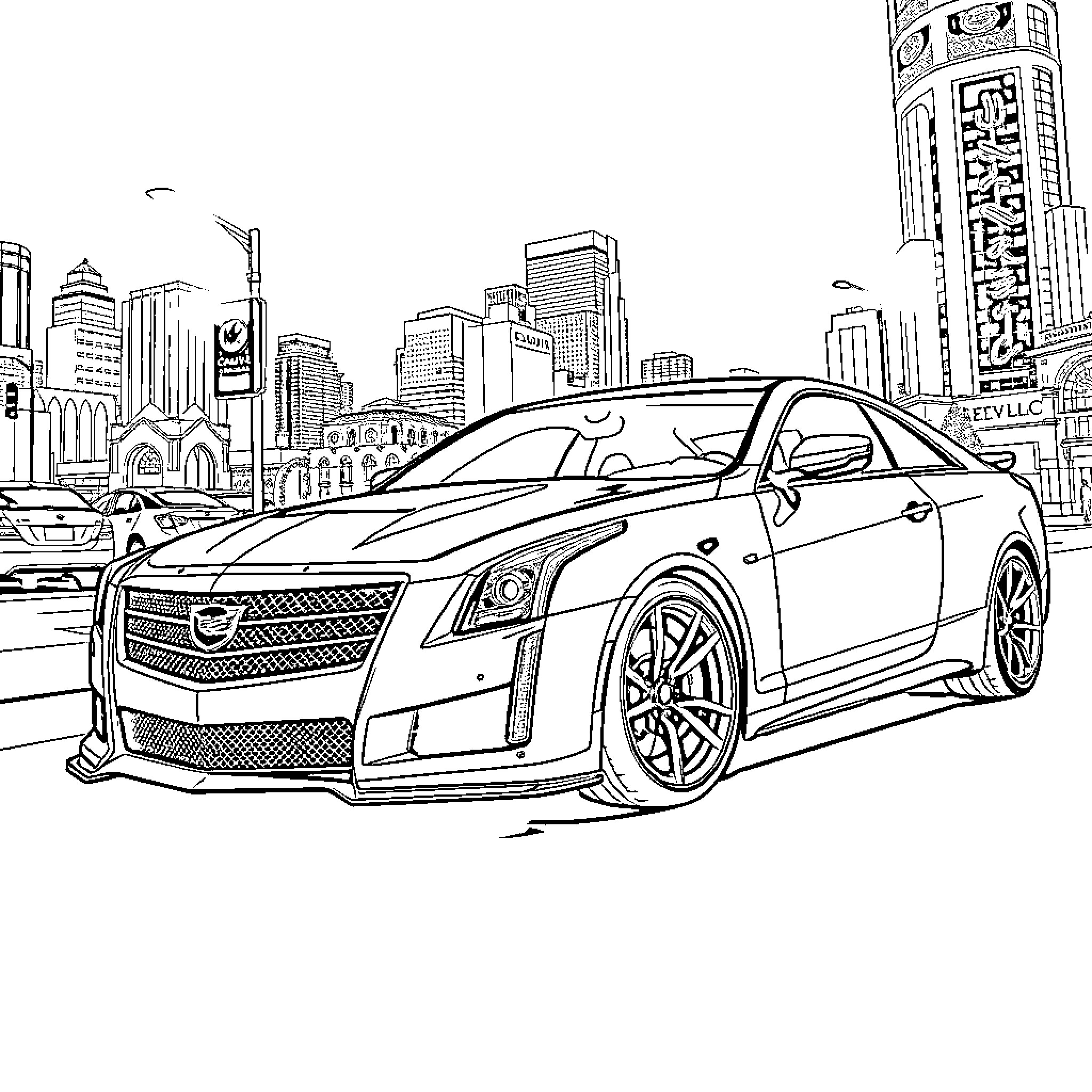 Cadillac sports car in the city skyline Coloring Page (free black-and-white line drawing printable PDF for all, from beginners to advanced learners, including children, teens, adults, and seniors)