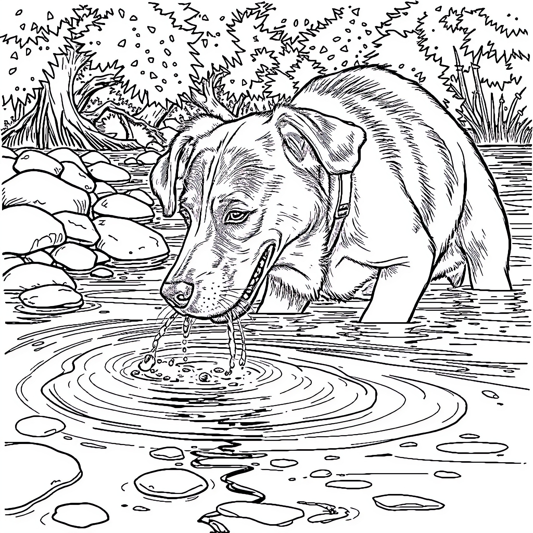 Dog drinking from a pond in nature Coloring Page (free black-and-white line drawing printable PDF for all, from beginners to advanced learners, including children, teens, adults, and seniors)
