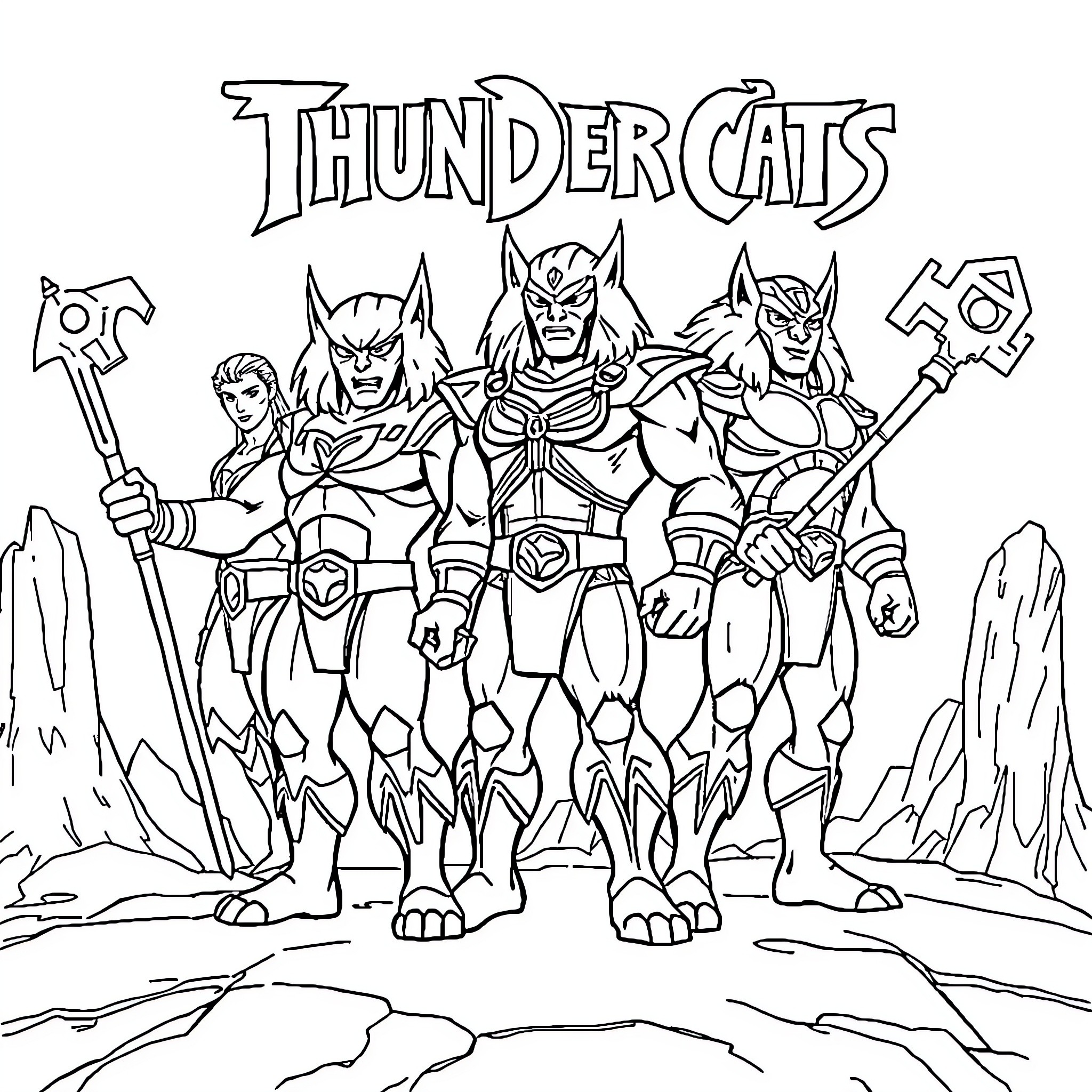 Thundercats heroic team in action-packed pose Coloring Page (free black-and-white line drawing printable PDF for all, from beginners to advanced learners, including children, teens, adults, and seniors)