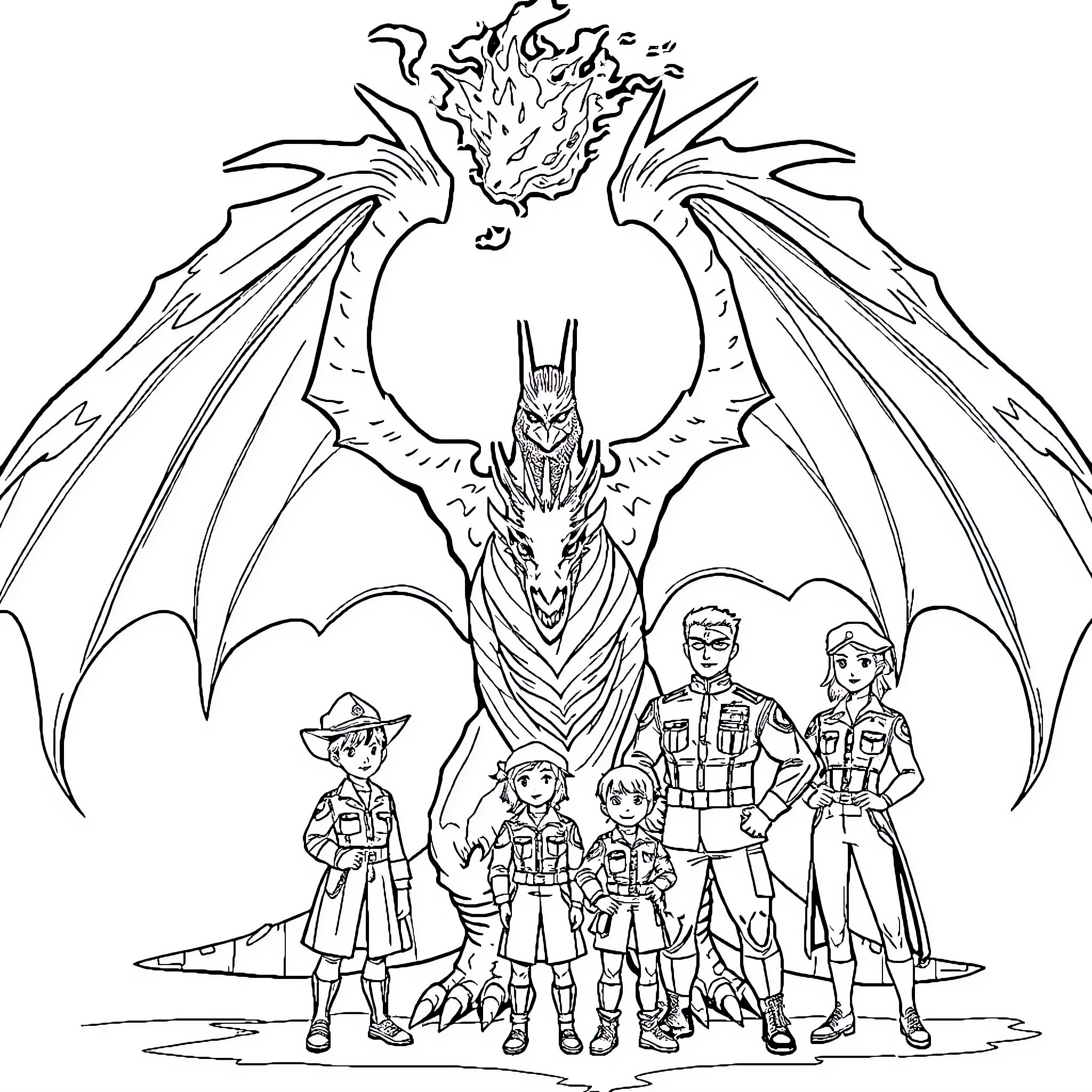 Rathalos and the Monster Hunting Team Coloring Page (free black-and-white line drawing printable PDF for all, from beginners to advanced learners, including children, teens, adults, and seniors)