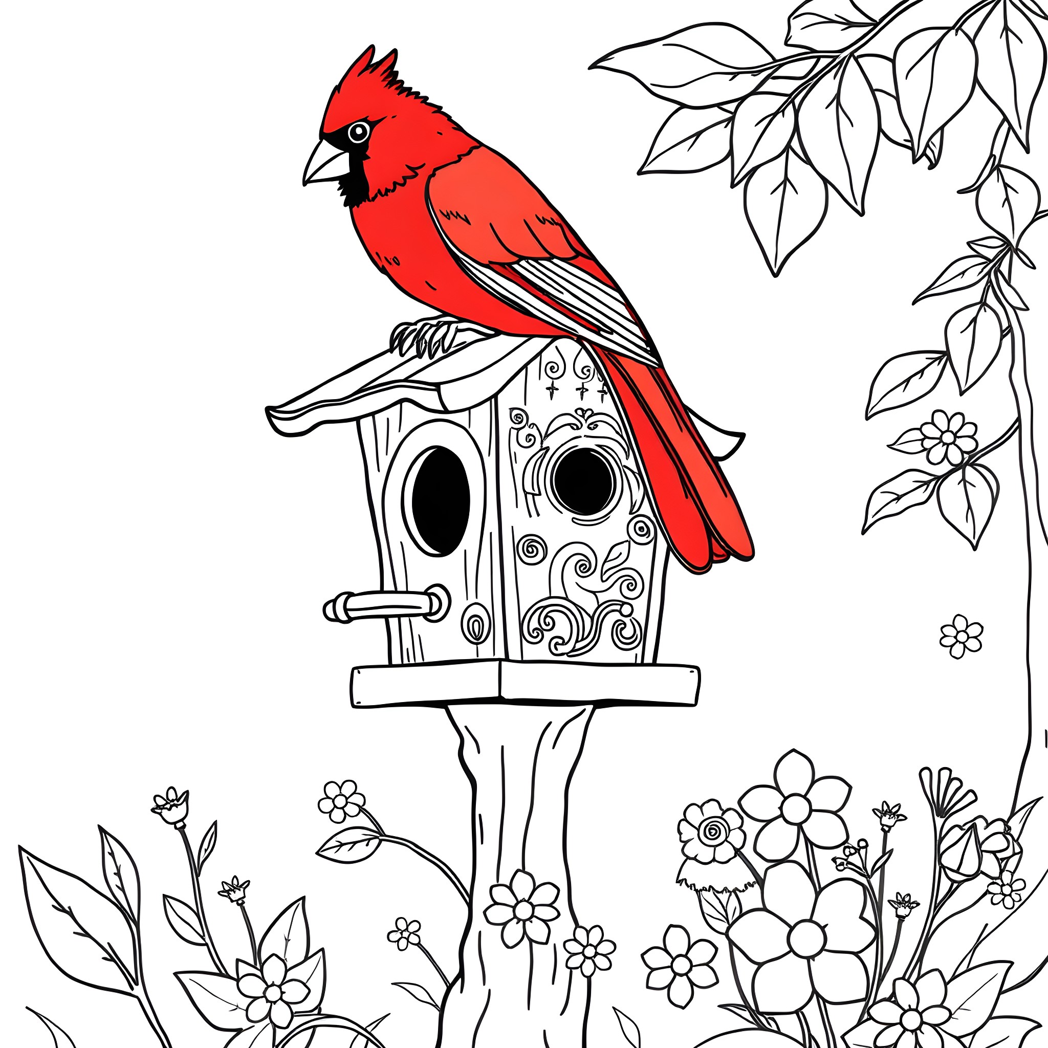 Bird perching on decorative birdhouse in garden Coloring Page (free black-and-white line drawing printable PDF for all, from beginners to advanced learners, including children, teens, adults, and seniors)