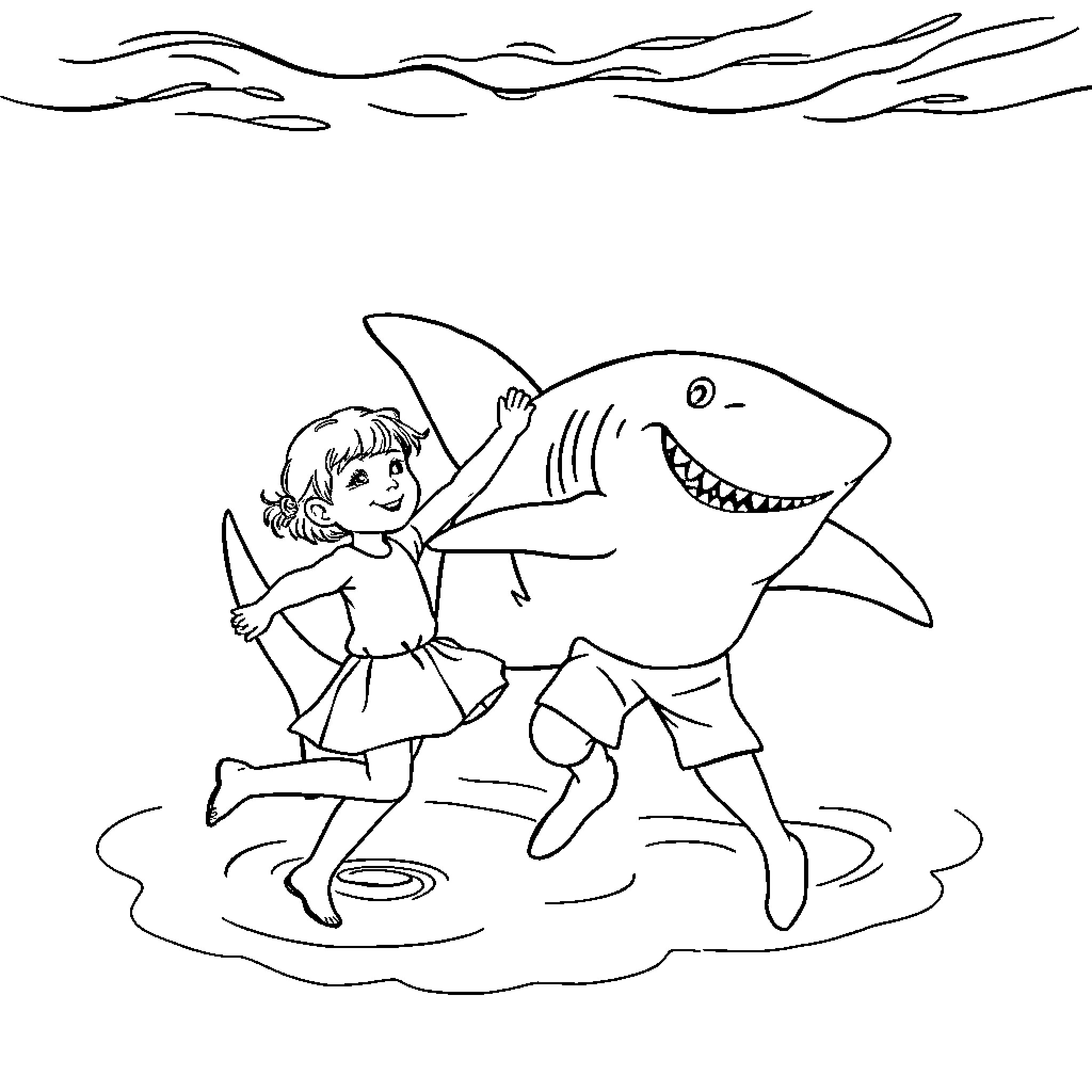 Child playfully interacting with shark in the water Coloring Page (free black-and-white line drawing printable PDF for all, from beginners to advanced learners, including children, teens, adults, and seniors)