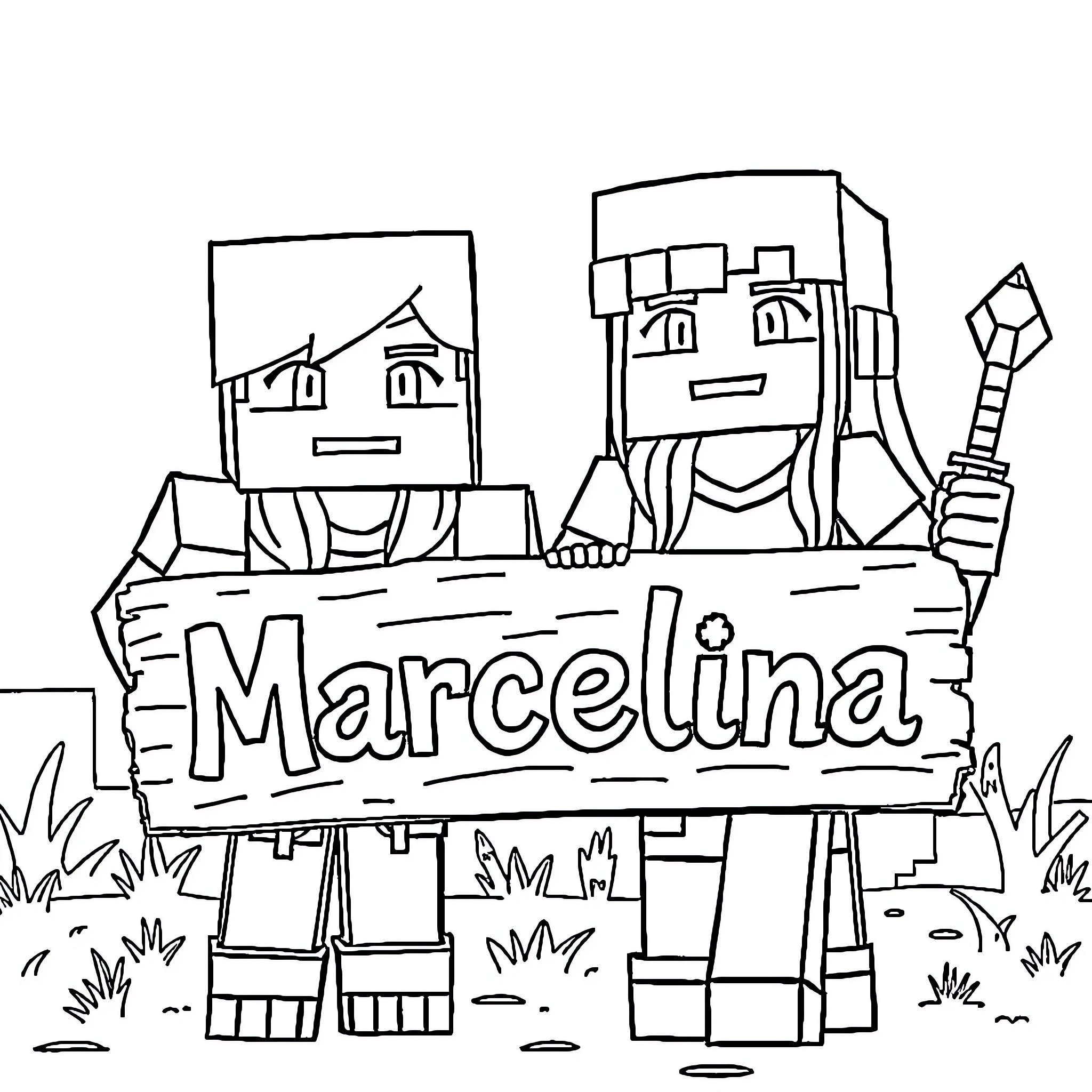 Minecraft Character holding a name sign Coloring Page (free black-and-white line drawing printable PDF for all, from beginners to advanced learners, including children, teens, adults, and seniors)